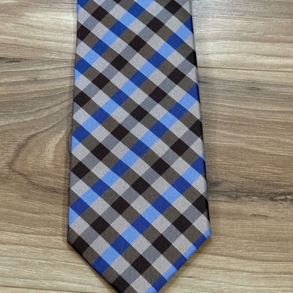 WISDOM Bruno Piattelli Men’s Silk Tie 3 3/8” Plaid Blue Brown China Size 26 - 1 Thumbnail