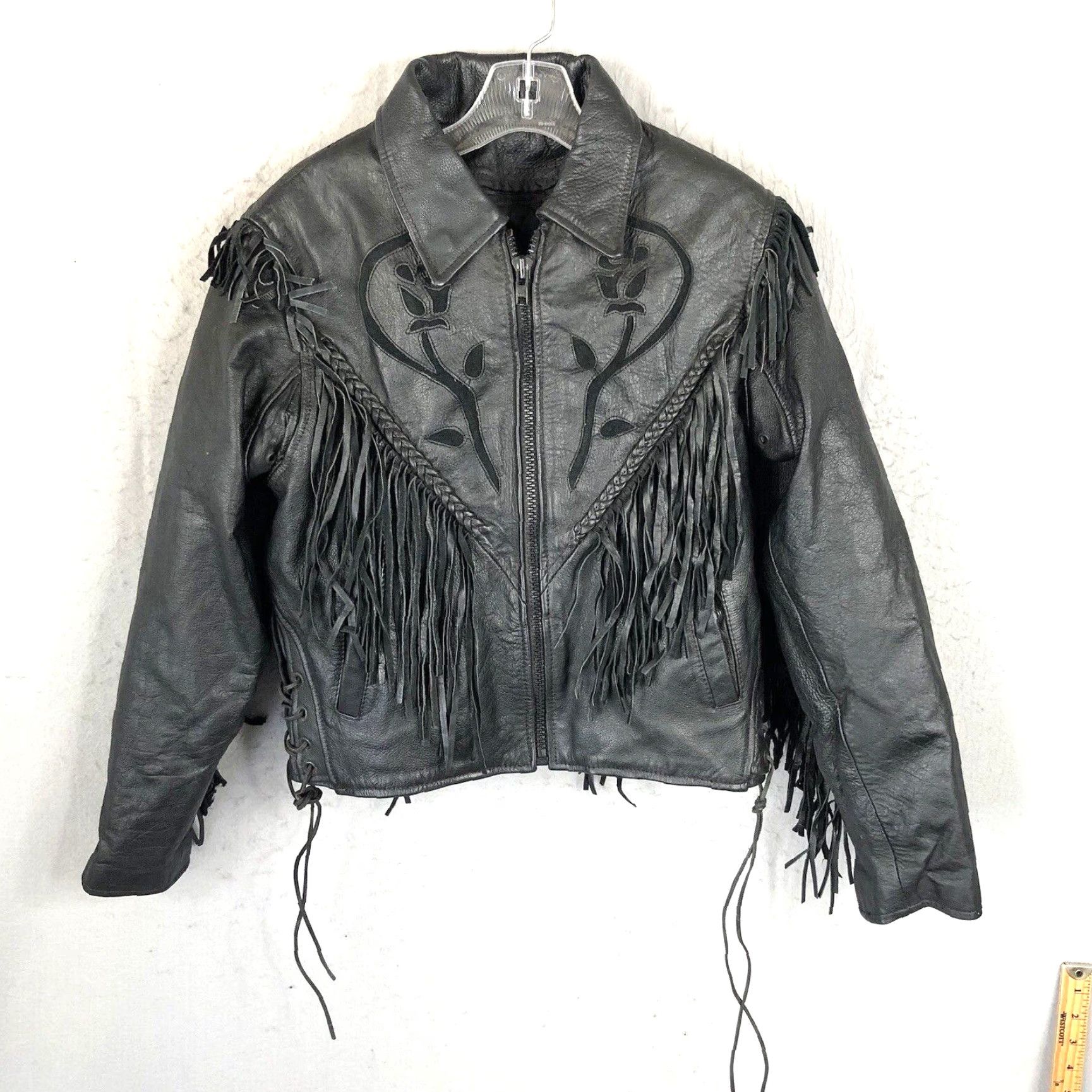 Vintage VINTAGE Black Leather Jacket Womens M Moto Fringe Scrolls Braids Biker Whimsigoth Rock Leather Jacket? Size M / US 6-8 / IT 42-44 - 2 Thumbnail