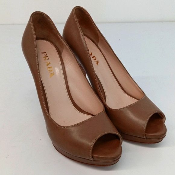 Prada Prada Women's Tan Leather Peep Toe Platform Heels - EU37/US7 Size US 7 / IT 37 - 2 Thumbnail