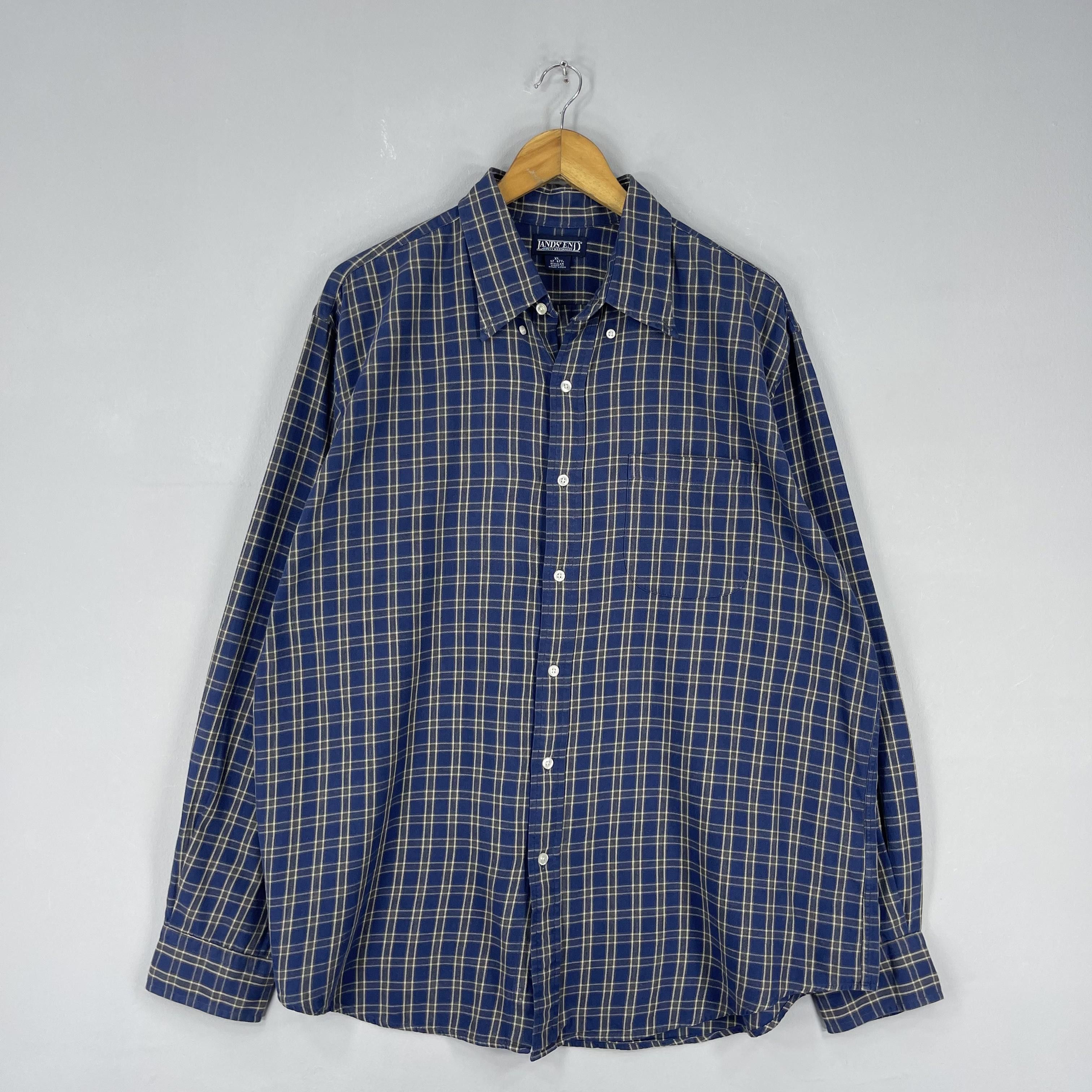 Flannel Vintage LANDS'END Plaid Checkered Blue Flannel Button Up Size US XL / EU 56 / 4 - 4 Thumbnail