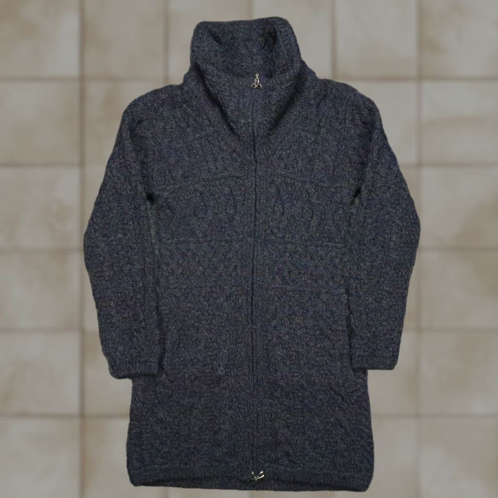 Aran Sweater Market Sweater Women XS Gray Merino Wool Shawl Collar Full Zip Pockets Knit
