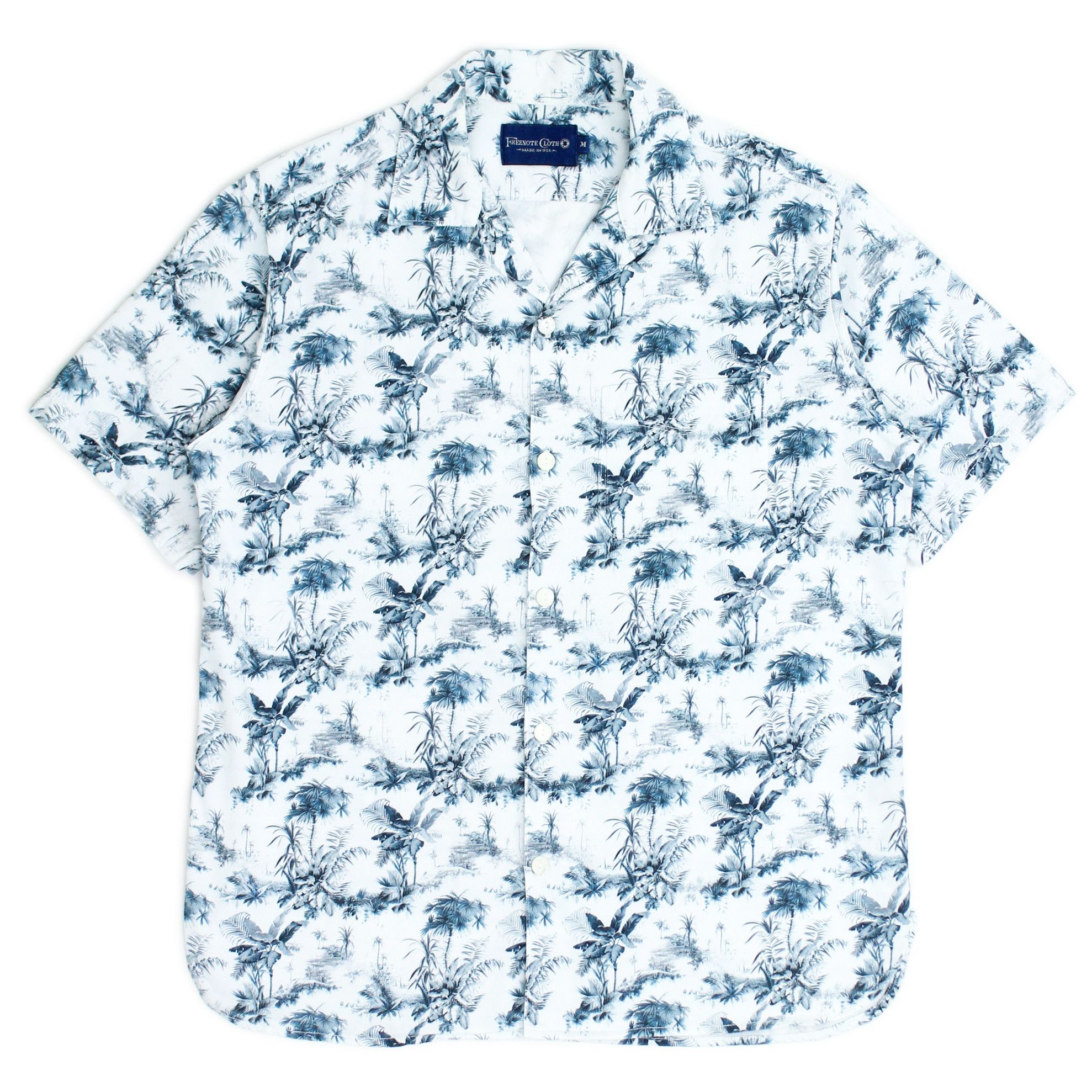 image of Freenote x Freenote Cloth Palm Print Italian Fabric Short Sleeve Camp Collar Shirt in White/Blue (S