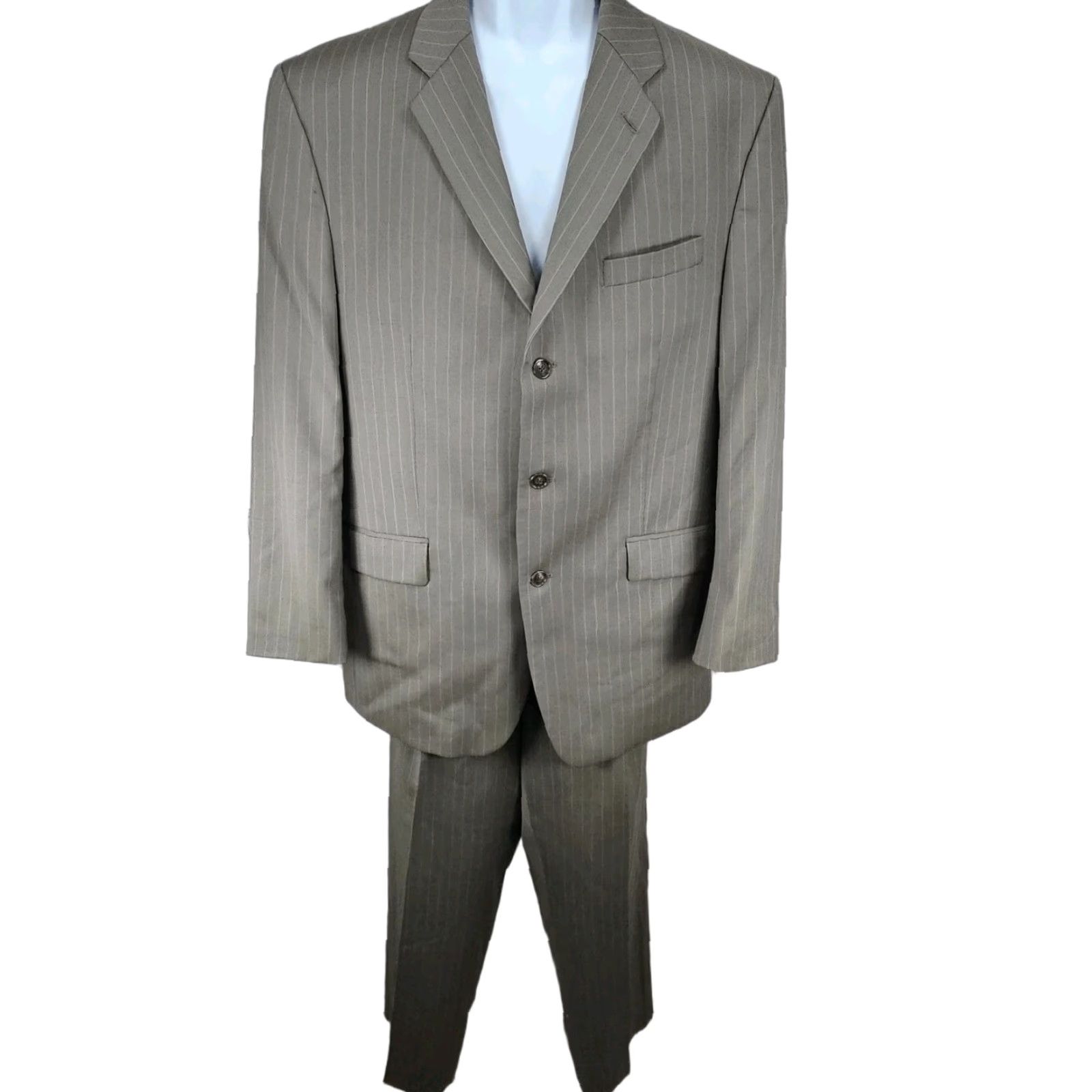 Calvin Klein Calvin Klein Grey 100% Wool Striped Full Pant Suit 2 Piece Set 42R Mens Suit Shirt? Size 42R - 1 Thumbnail