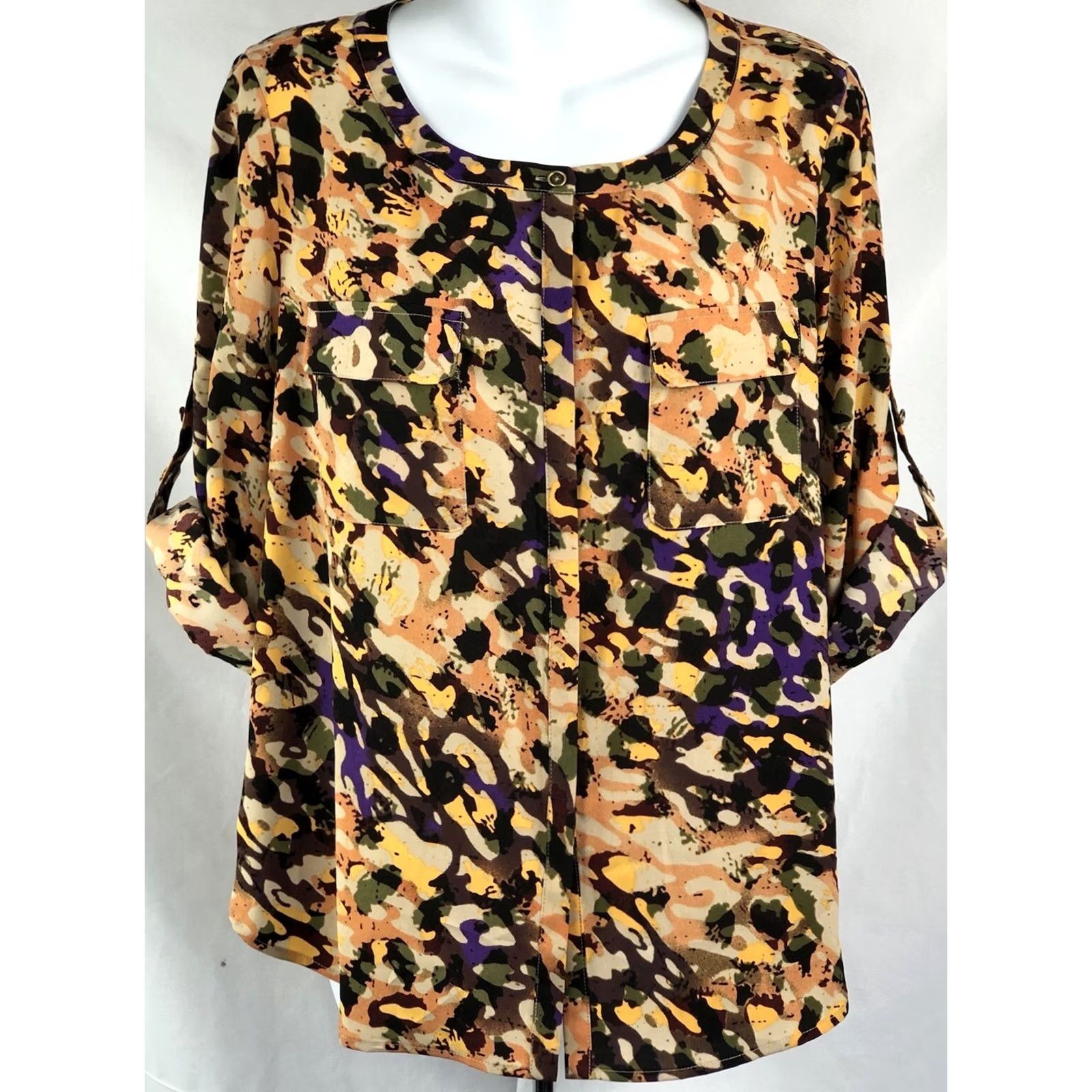 Anne Klein Anne Klein Blouse Shirt M Multicolor Geometric Long Sleeve Roll Tab Button Front Round Neck Women's Size M / US 6-8 / IT 42-44 - 7 Thumbnail