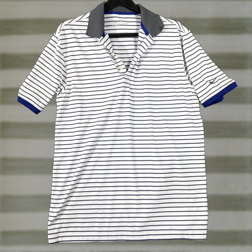 Nike Nike Golf Polo Shirt Mens M White Blue Striped Standard Fit Stretch Performance Short Sleeve Size US M / EU 48-50 / 2 - 1 Thumbnail