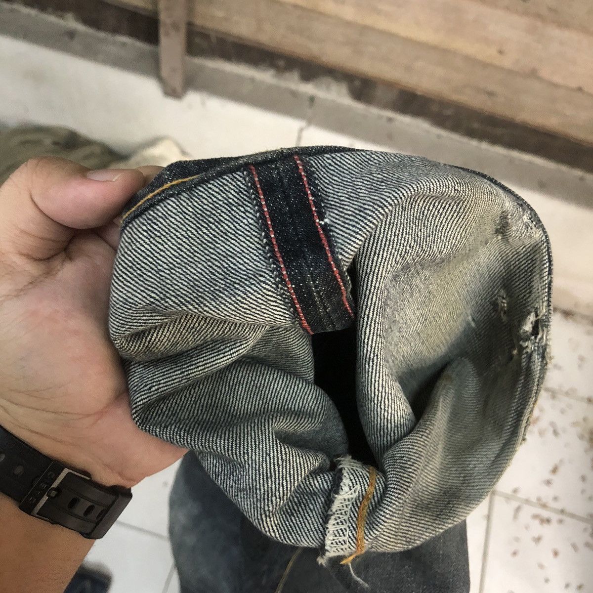 DL R 45rpm selvedge Black faded Distressed Denim Pants #7321