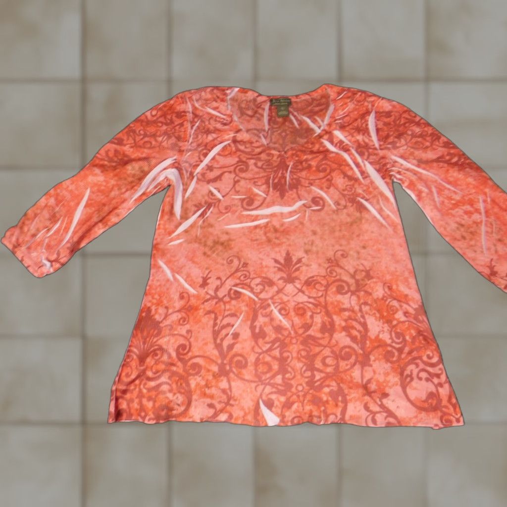 Vintage Jane Ashley Blouse Women L Peach Floral V-Neck Pullover Stretch Top Casual Long Sleeve Ruffle Polyester Rayon Orange Size L / US 10 / IT 46 - 1 Thumbnail