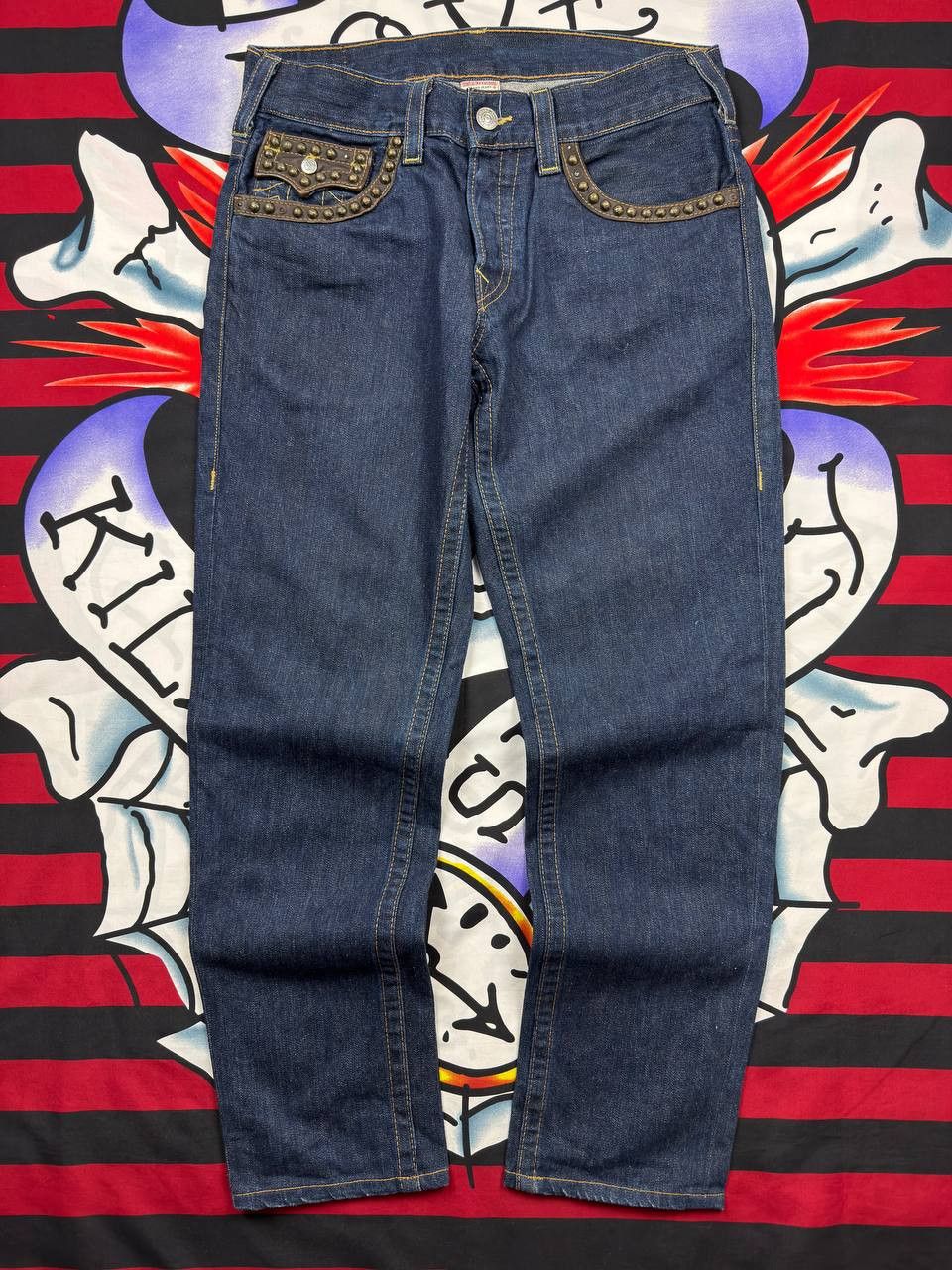 True Religion Vintage True Religion Denim Straight Jeans Leather Flap Size US 34 / EU 50 - 2 Thumbnail