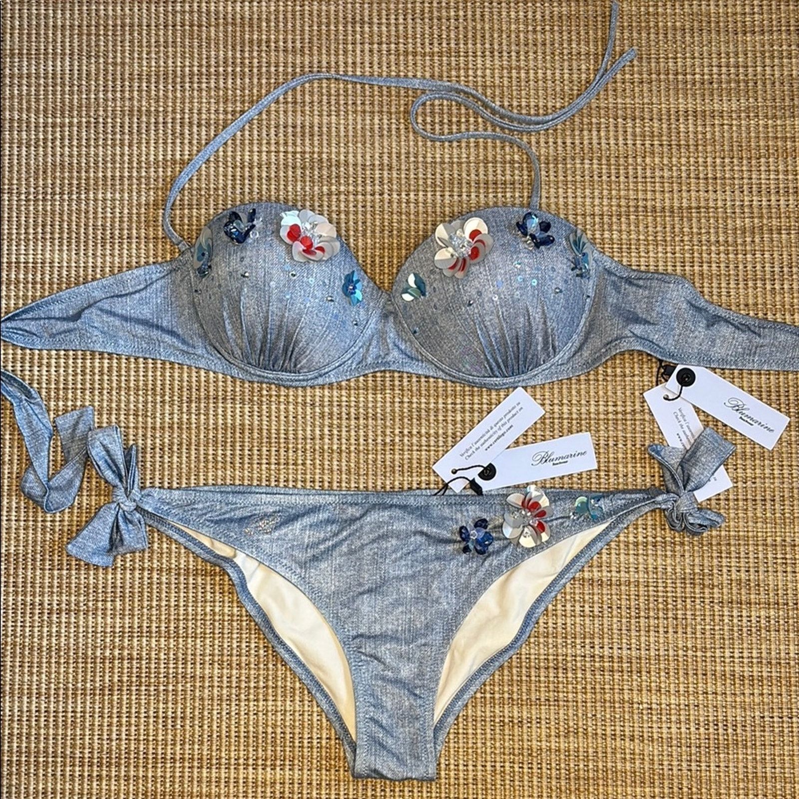 Blumarine NWT Blumarine Blue denim flowers beads Bikini Size L Size ONE SIZE - 1 Thumbnail