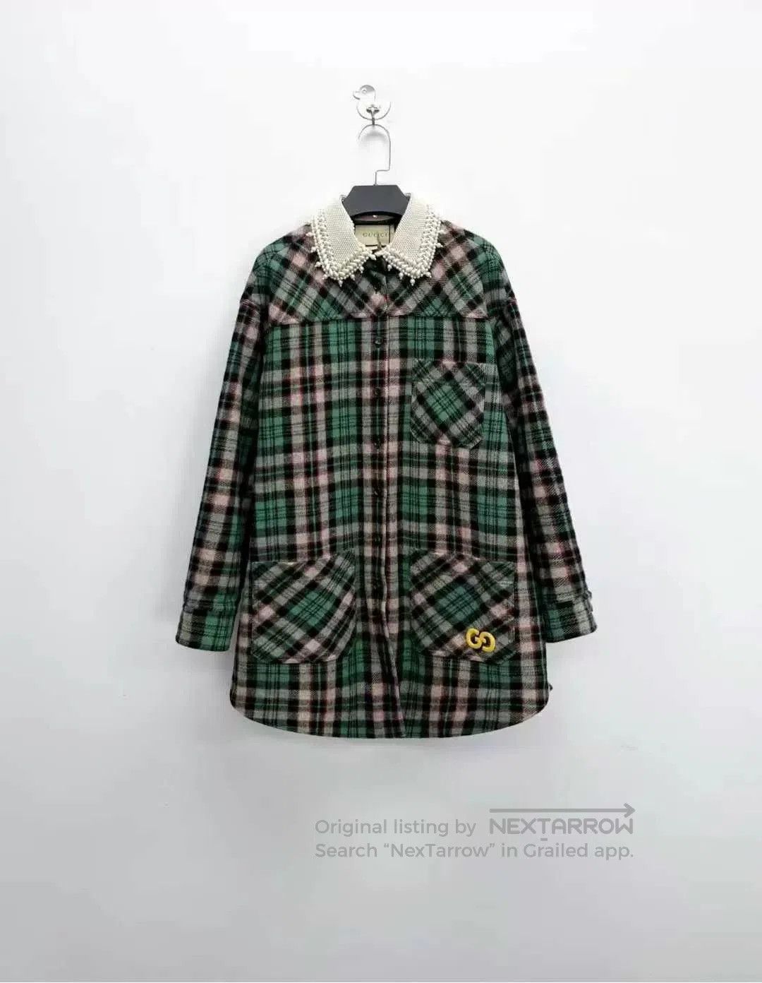 Gucci gucci green plaid long coat with pearl collar. Size L / US 10 / IT 46 - 1 Thumbnail