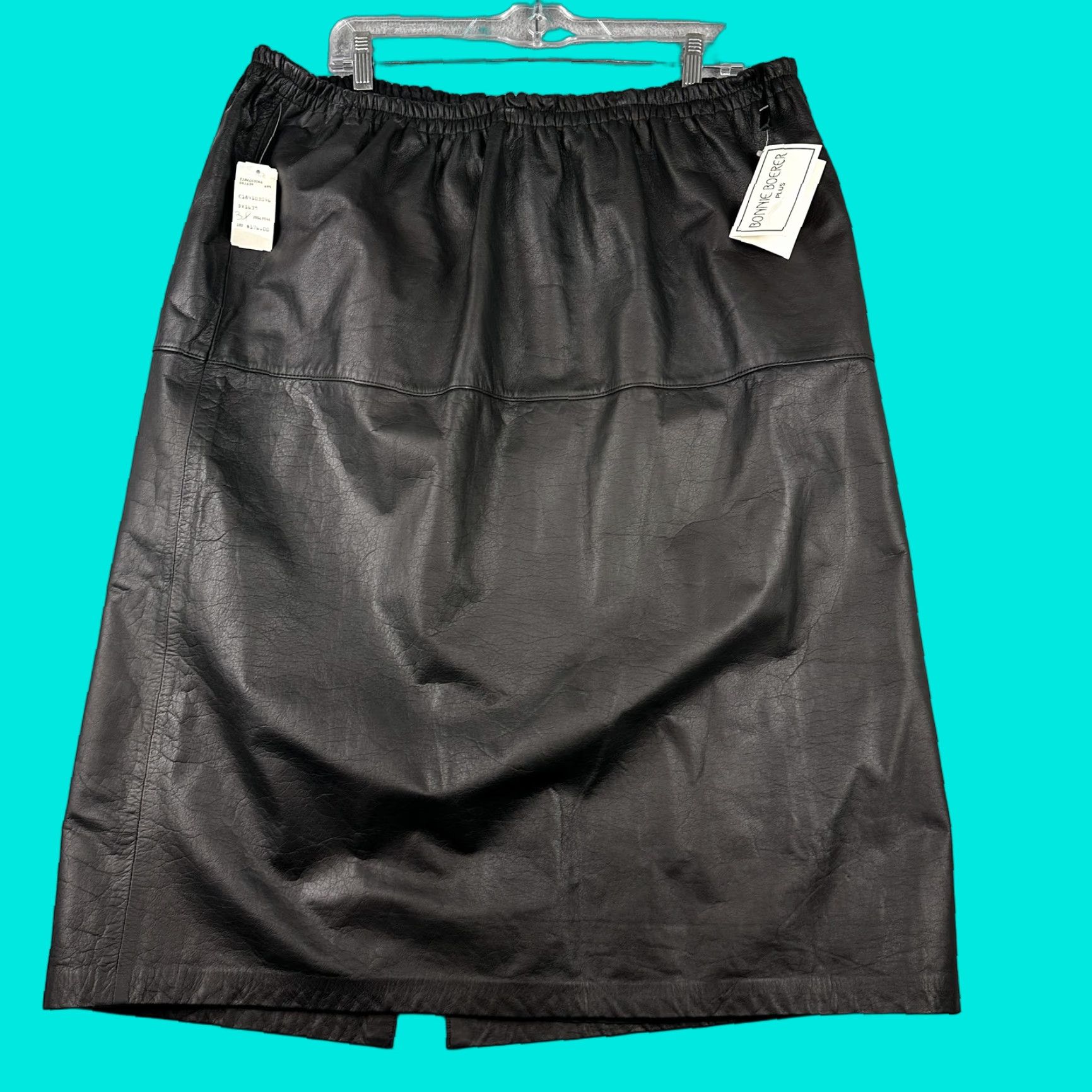 Vintage VINTAGE Bonnie Boerer Plus Skirt Womens 3X Black Leather Elastic Waist Midi NWT 90s Slit Pencil Mens? Size 40" / US 18 - 1 Thumbnail