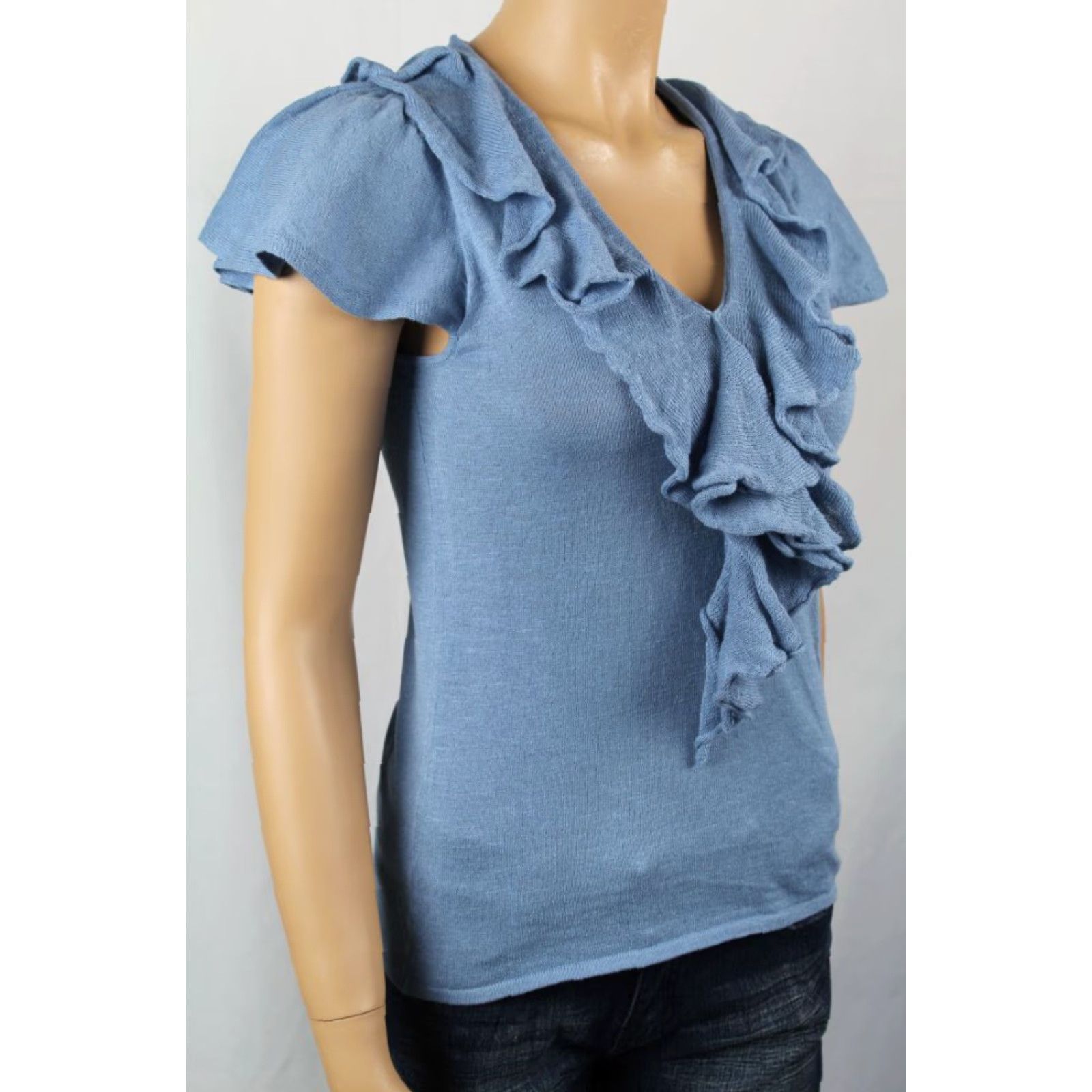 Ralph Lauren Ralph Lauren BLUE SHORT SLEEVE V-NECK RUFFLE LINEN SHIRT TOP NWT L Size L / US 10 / IT 46 - 2 Thumbnail