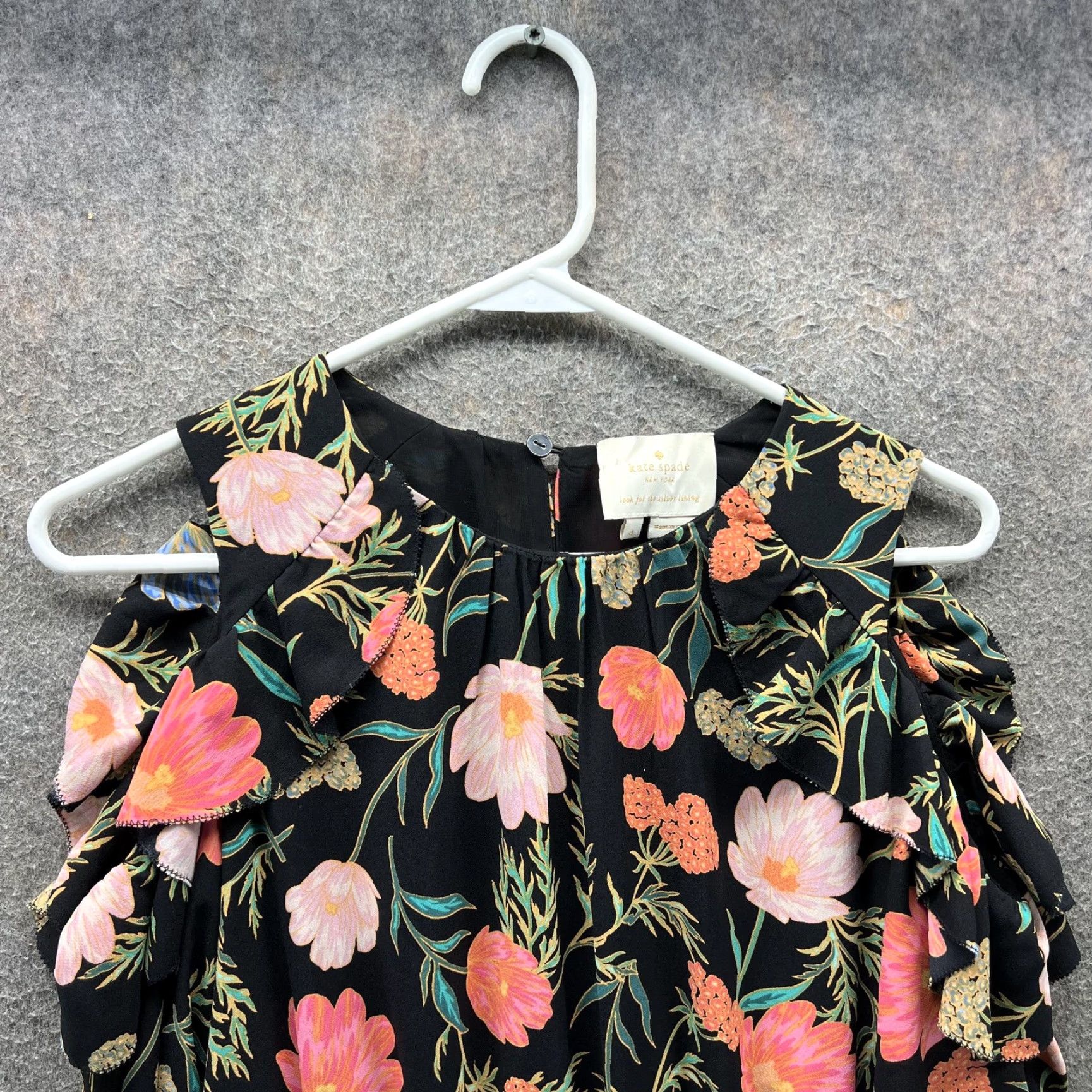 Vintage VINTAGE Kate Spade Dress Womens 4 Black Floral Fit & Flare Cold Shoulder Ruffle Mini Size S / US 4 / IT 40 - 5 Thumbnail