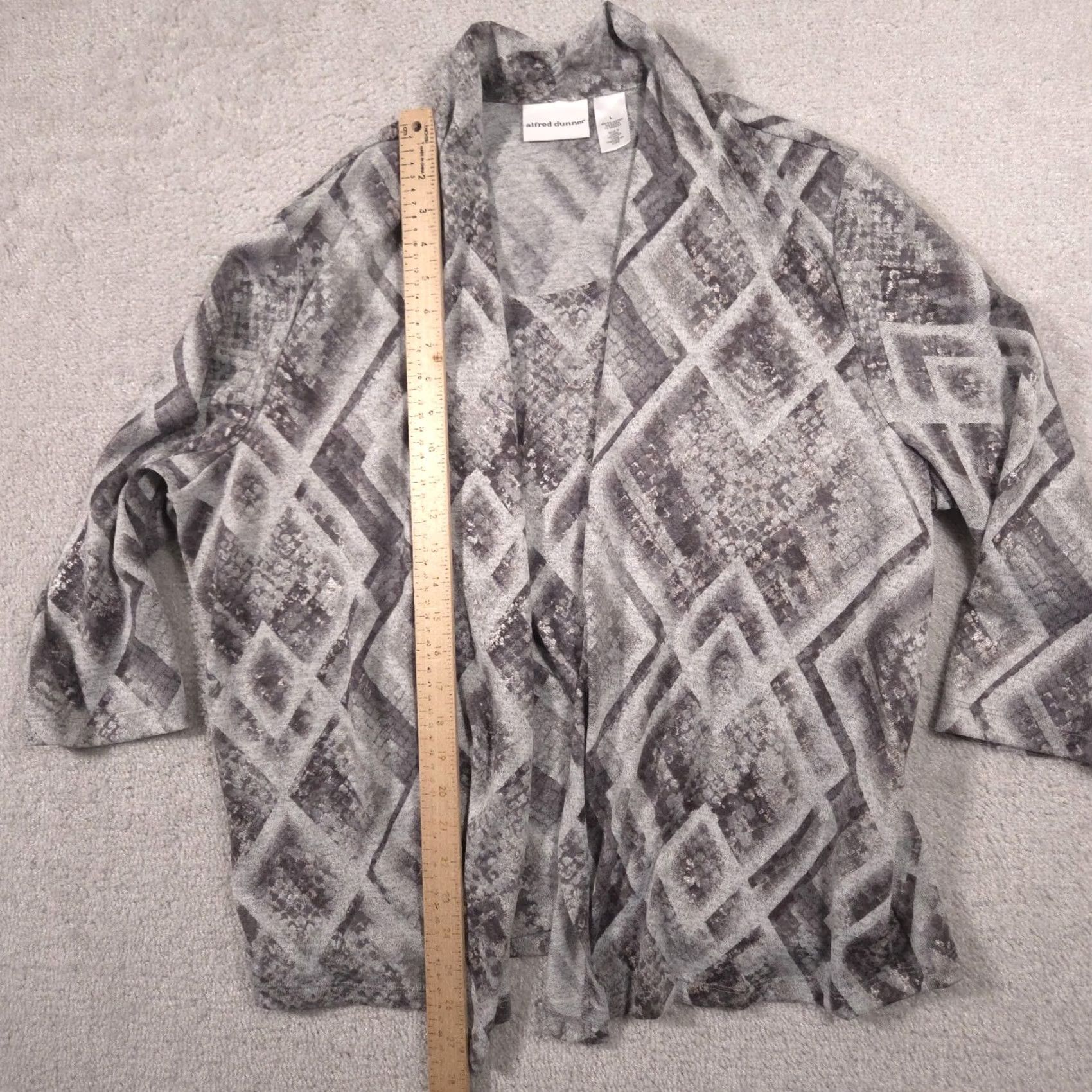 Vintage Alfred Dunner Cardigan Sweater Womens L Gray Geometric Open Front Knit V-Neck 3/4 Sleeve Casual Fall Size L / US 10 / IT 46 - 6 Thumbnail