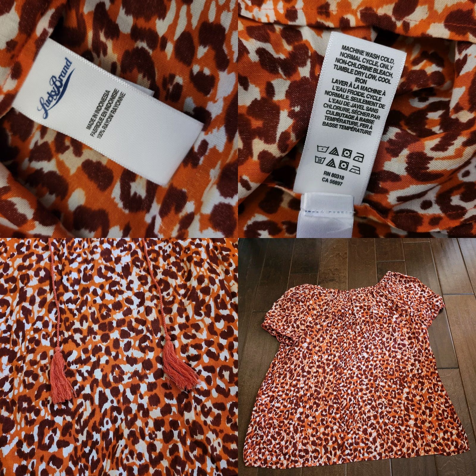 Lucky Brand Lucky Brand Leopard Cheetah Print Blouse W/ Tassel - Size XL, Multicolor, Short Sleeve, Rayon, Pullover, Regular Fit, Women's Blouse Size XL / US 12-14 / IT 48-50 - 9 Thumbnail