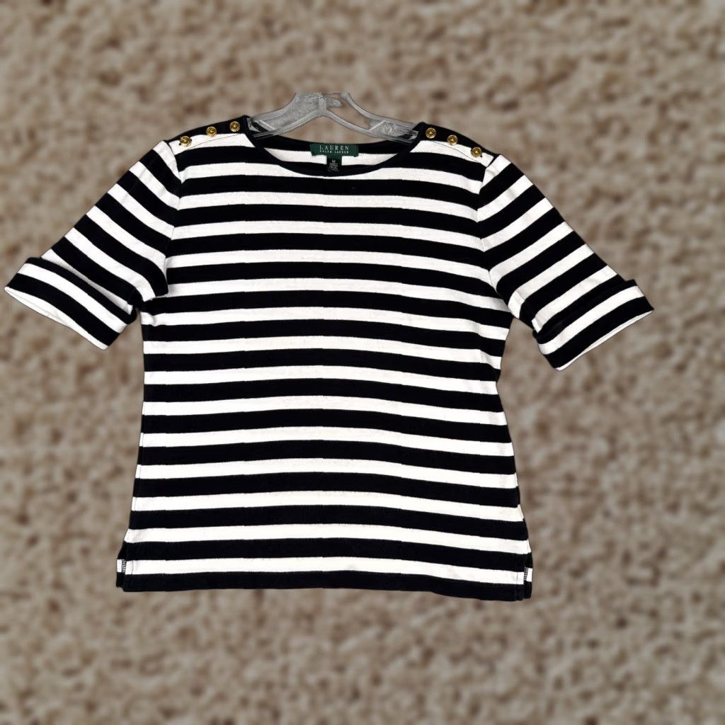 Ralph Lauren Lauren Ralph Lauren Shirt Women Medium Black Striped Casual Round Neck Cotton Sports Size M / US 6-8 / IT 42-44 - 1 Thumbnail