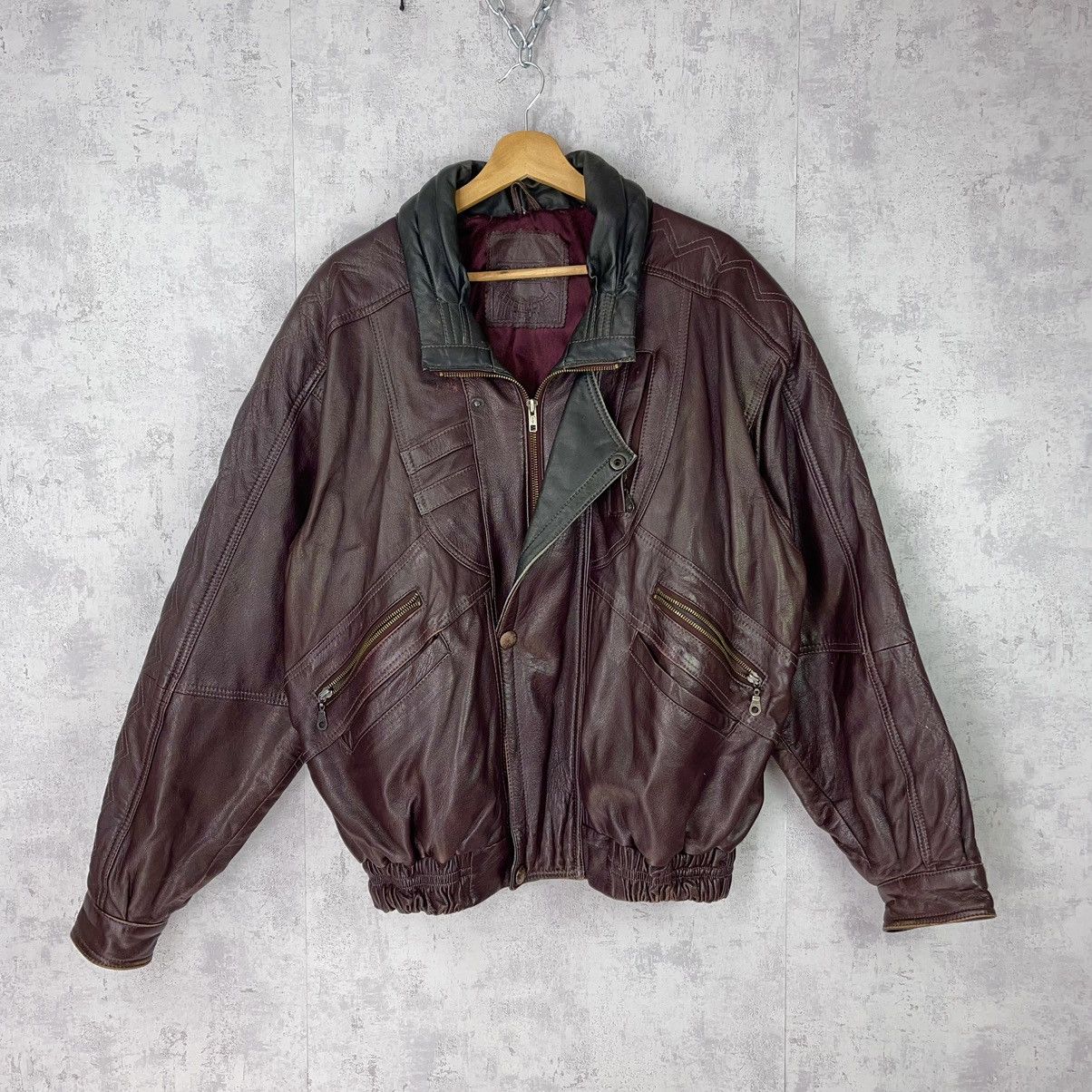Vintage Vintage Leather Jacket Bomber 90s burgundy boxy oversize Size US XL / EU 56 / 4 - 3 Thumbnail