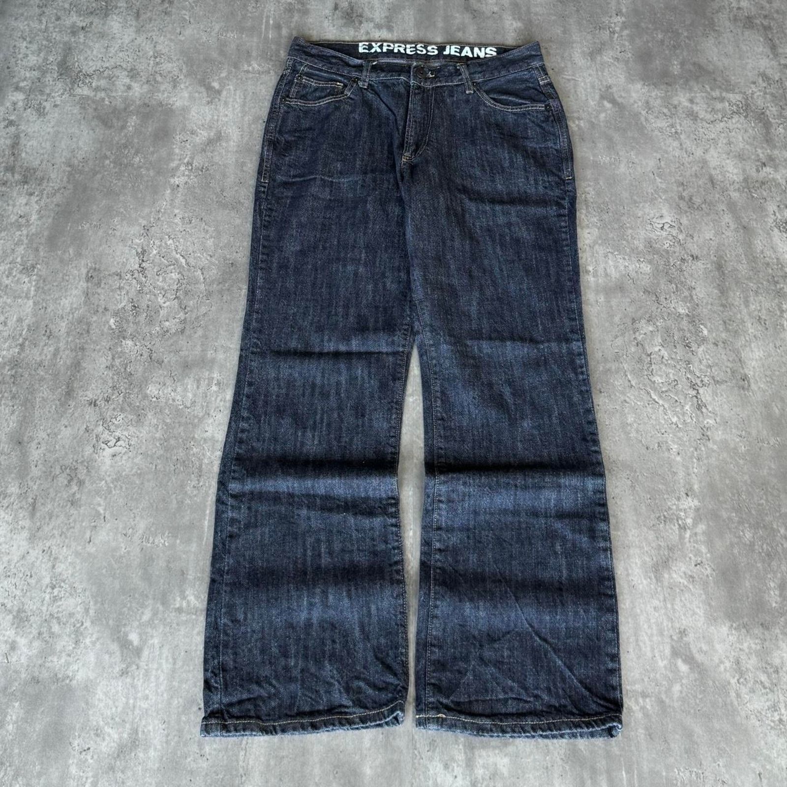 Express × JNCO × Japanese Brand Vintage Y2K Express Dark Wash Embroidered Baggy Denim Jeans Size US 34 / EU 50 - 2 Thumbnail