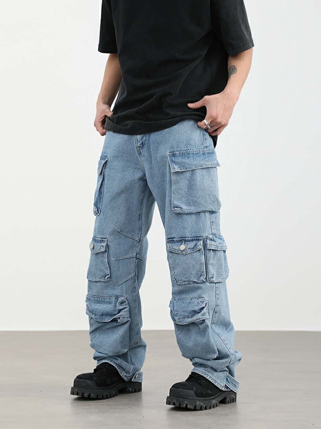 utility washed multi pocket baggy cargo jeans