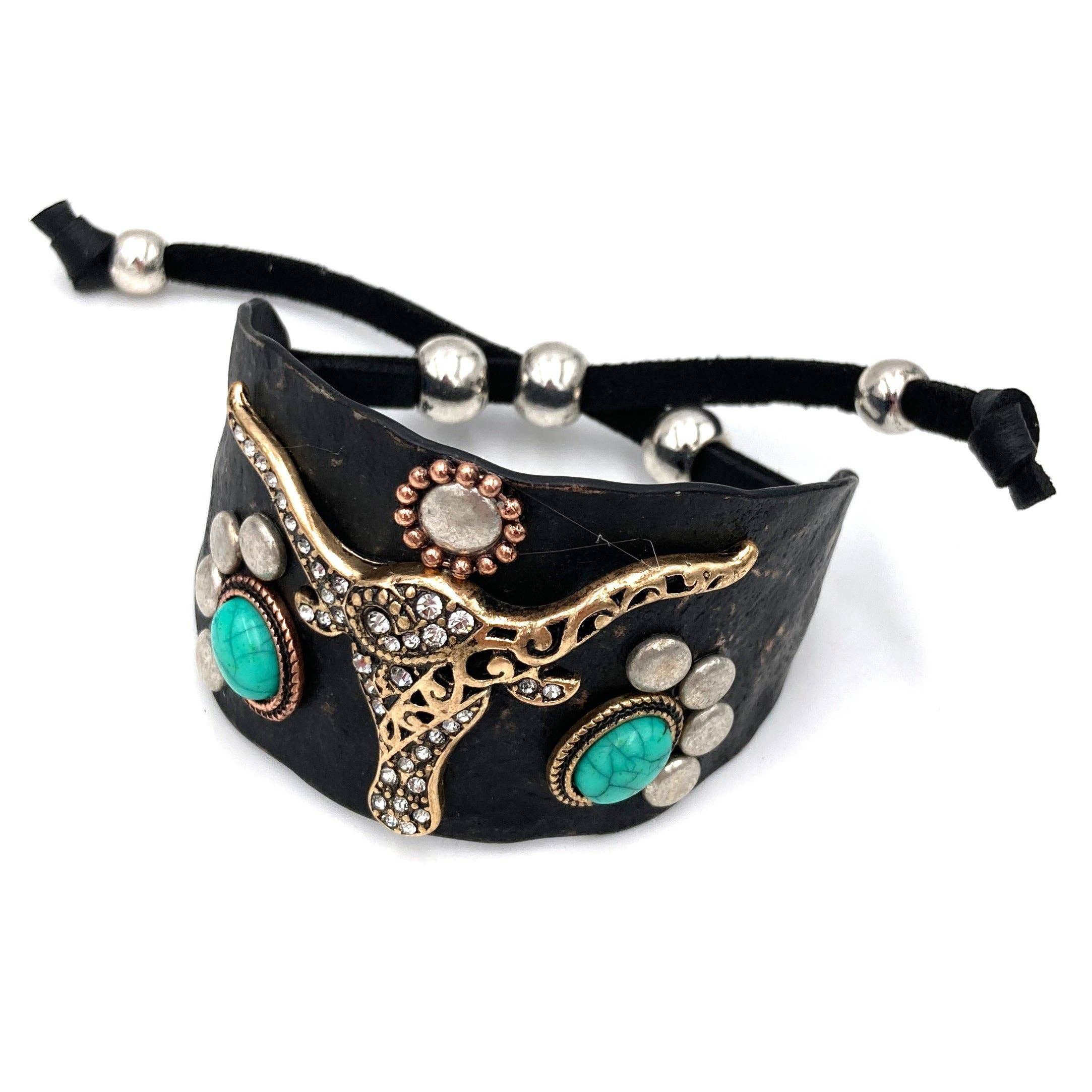 Other Longhorn Turquoise Western Cuff Bracelet with Adjustable Lea Size ONE SIZE - 6 Thumbnail