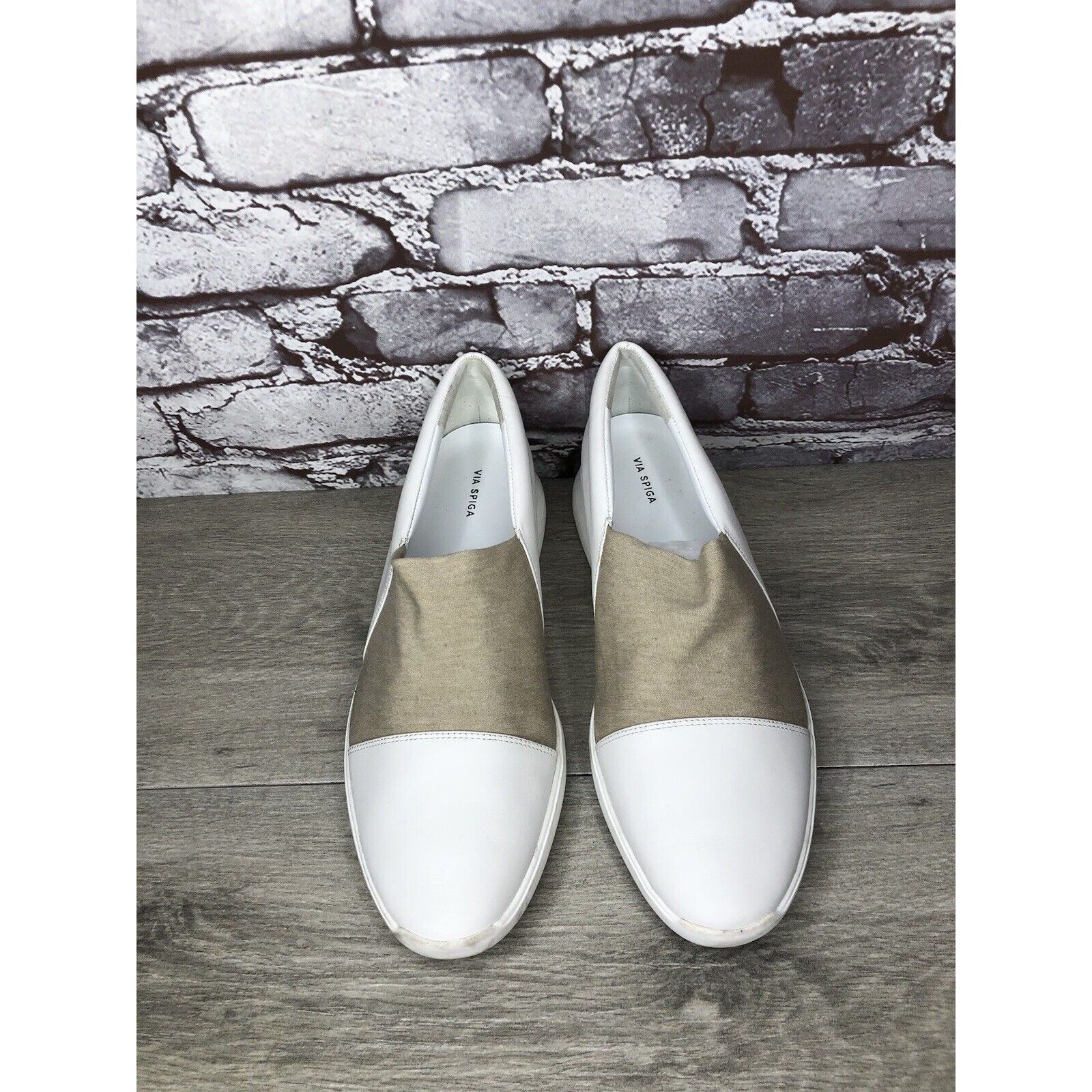 Other Via Spiga White Leather Beige Fabric Slip On Sneakers Women’ Size US 9.5 / IT 39.5 - 2 Thumbnail