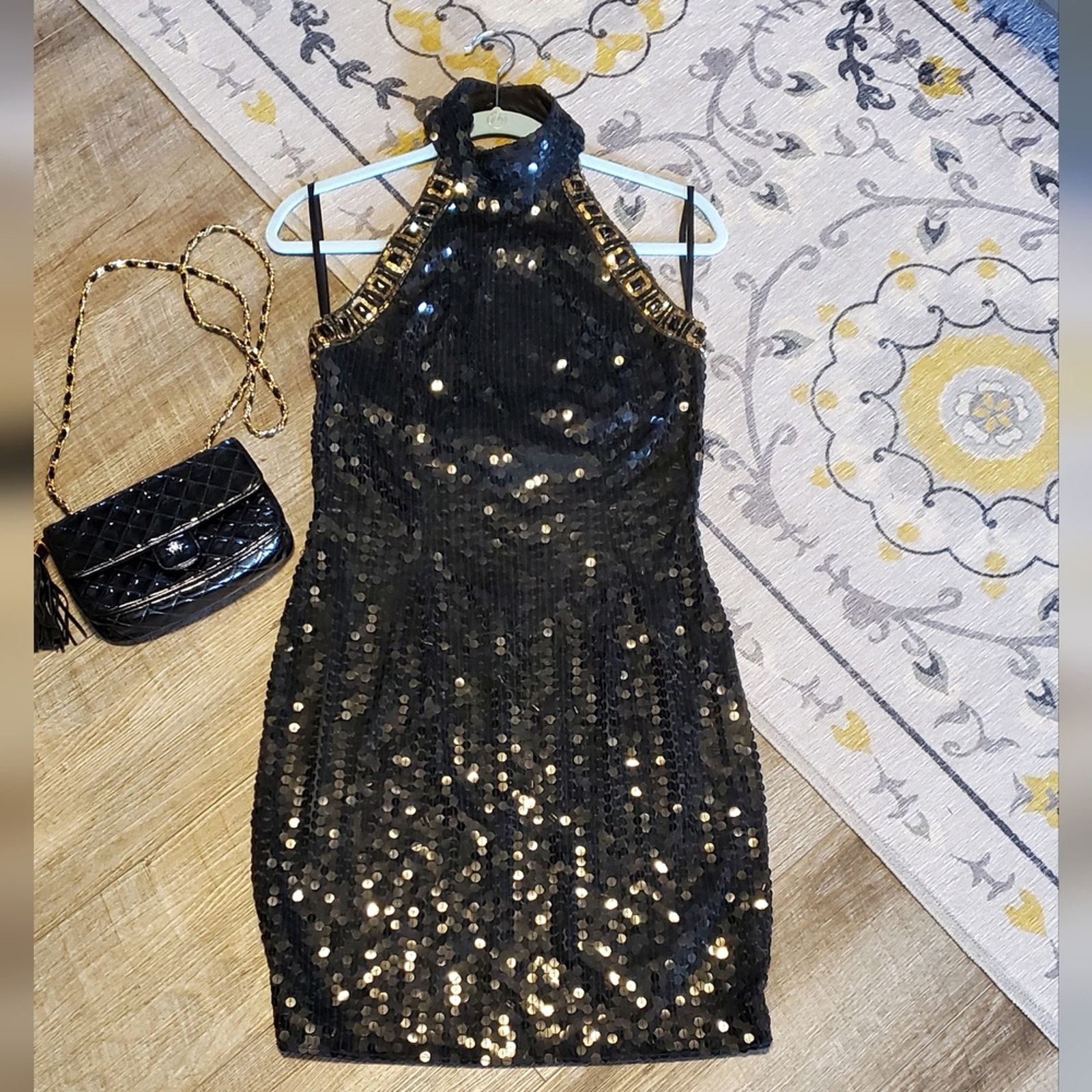 Vintage Niteline Black Gold halter silk sequin sparkle mini Dress Size L / US 10 / IT 46 - 2 Thumbnail