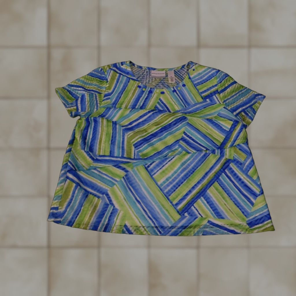 Vintage Alfred Dunner Shirt Womens PXL Blue Green Stripe Print Short Sleeve Beaded Neckline Petite Blouse Size XL / US 12-14 / IT 48-50 - 1 Thumbnail