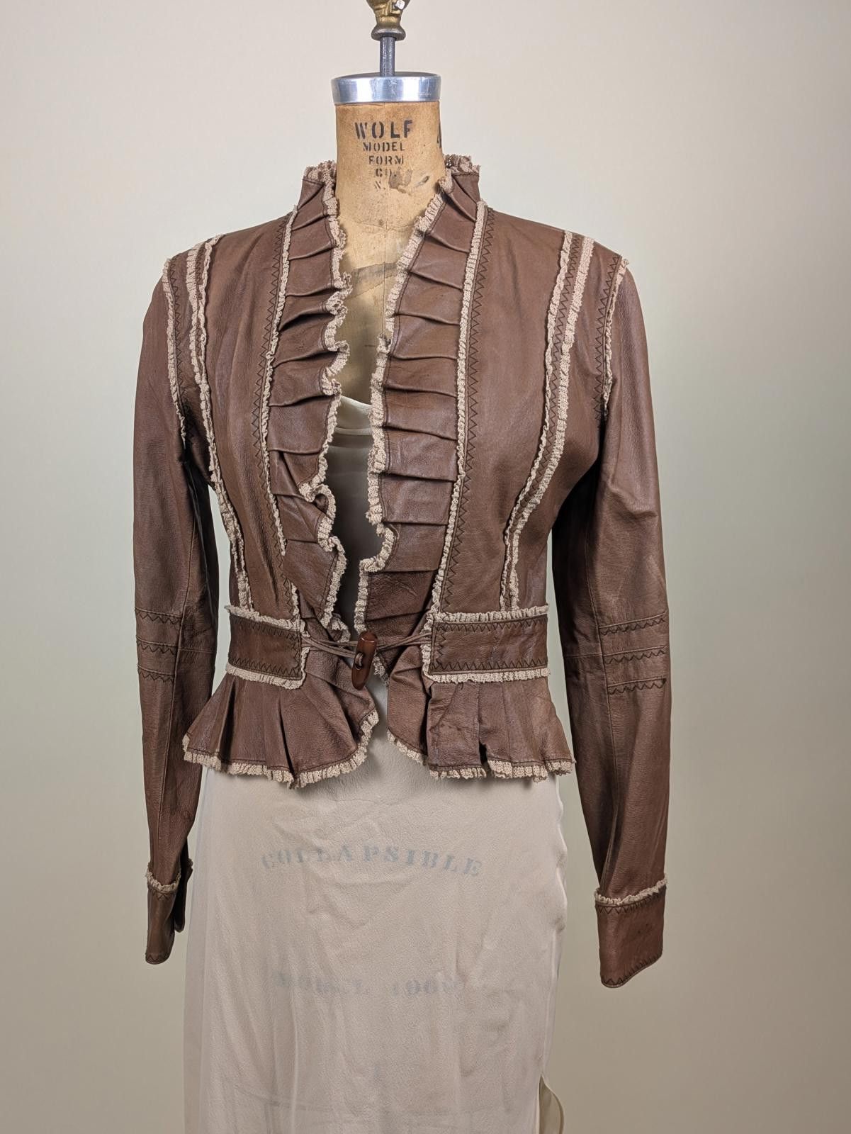 Other 2000's / Y2K brown lace ruffled leather jacket Size S / US 4 / IT 40 - 1 Thumbnail