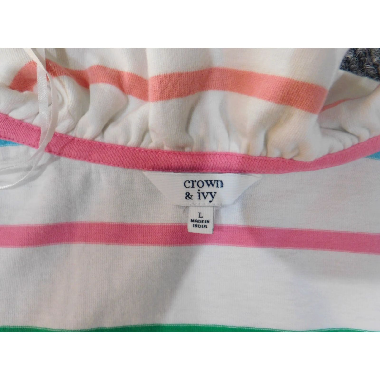 Vintage Crown & Ivy Blouse Shirt Womens Large White Striped Pullover Round Neck Casual Knit Cotton Lightweight Long Sleeve Size L / US 10 / IT 46 - 5 Thumbnail