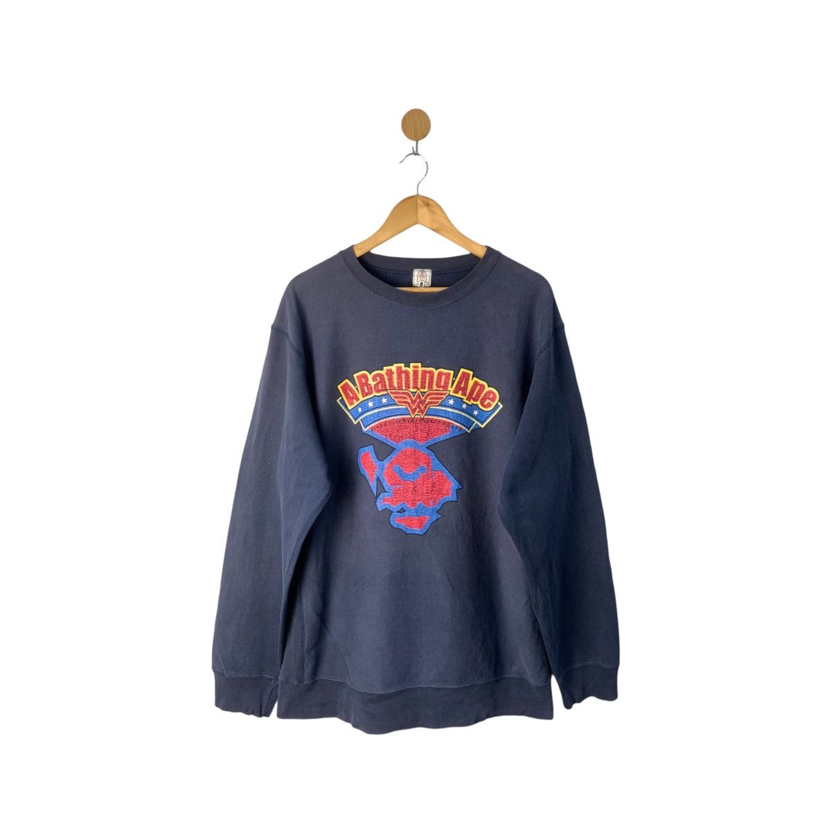 image of Bape x Vintage Mad Face Wonder Woman Crewneck in Navy, Men's (Size XL)