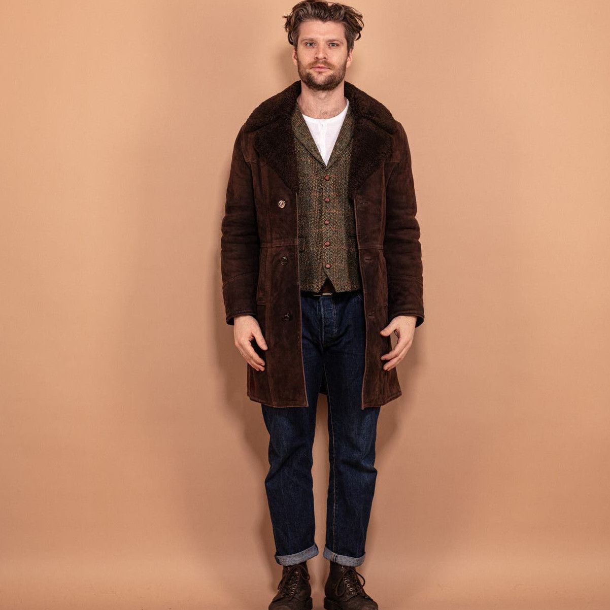 image of Retro Jacket x Sheepskin Coat Vintage 70's Men Sheepskin Coat In Brown (Size Small)