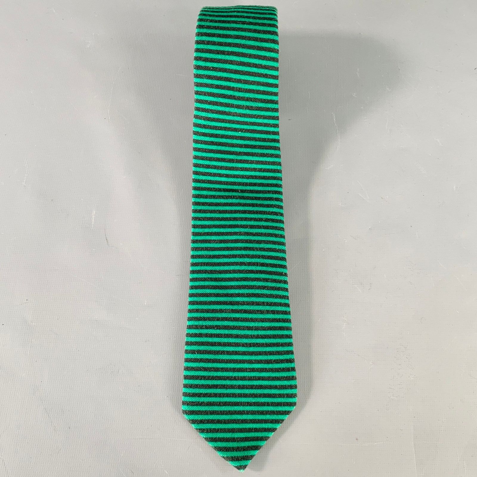 Adam Kimmel ADAM KIMMEL Green Black Stripe Cotton Skinny Tie Size ONE SIZE - 3 Thumbnail