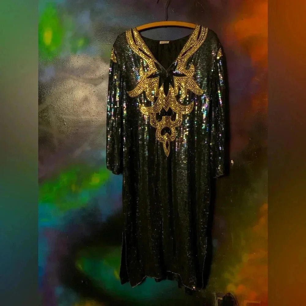 Designer Vintage Black Sequined Silk Kaftan Dress Size S / US 4 / IT 40 - 1 Thumbnail