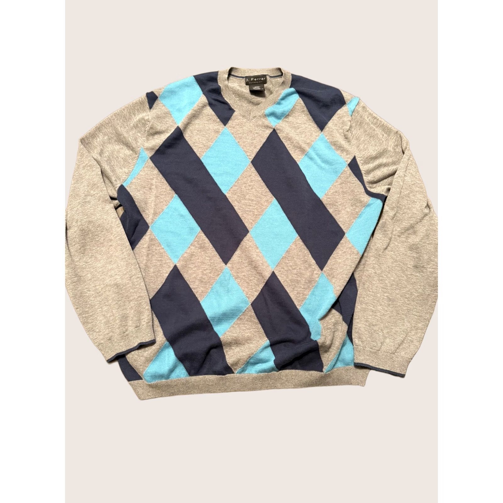 Vintage J. Ferrar Sweater Mens Large Gray Blue Argyle Pullover Crewneck Modern Fit Size US L / EU 52-54 / 3 - 1 Thumbnail