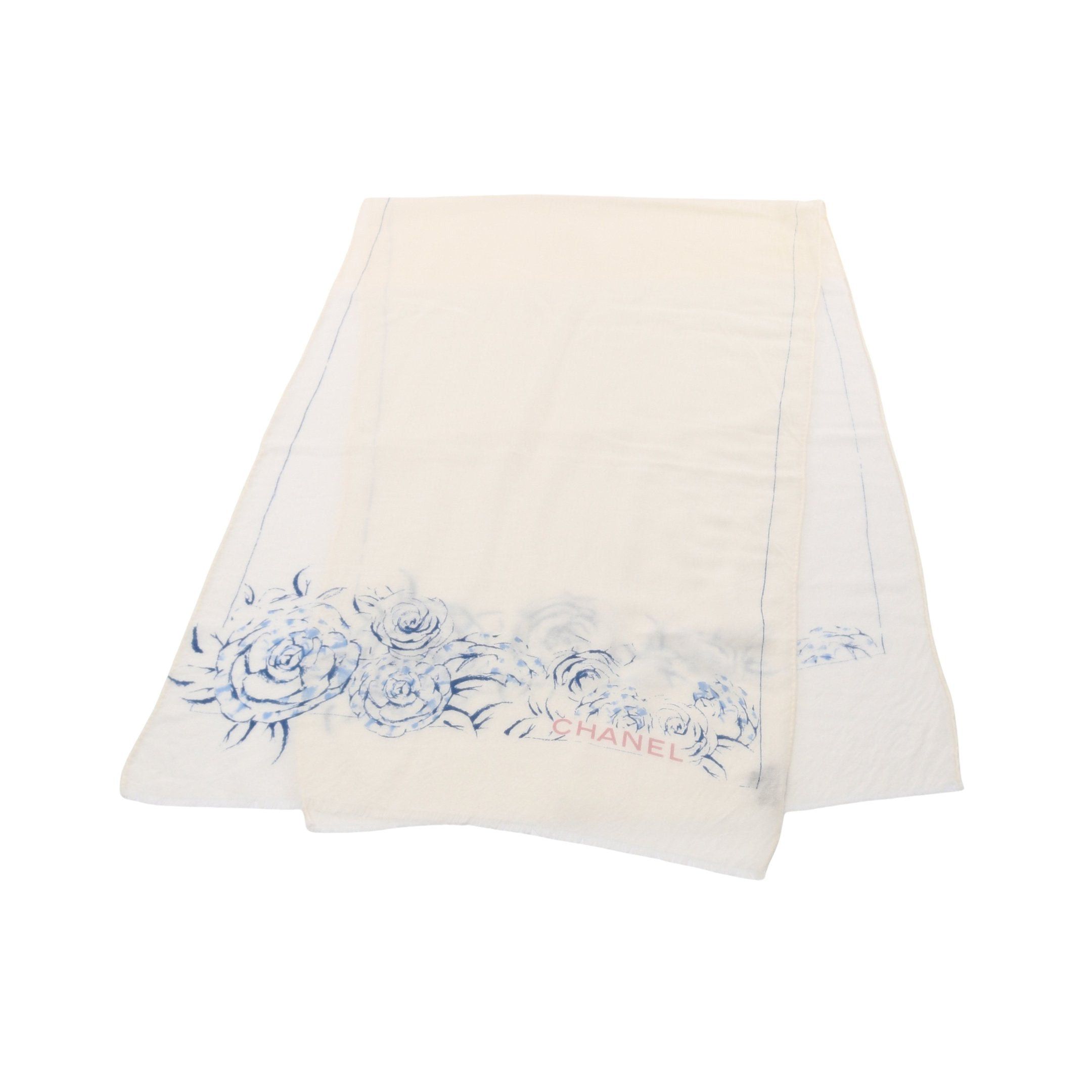 Chanel Chanel Camellia Stall Shawl Cashmere Ivory Blue Size ONE SIZE - 1 Thumbnail