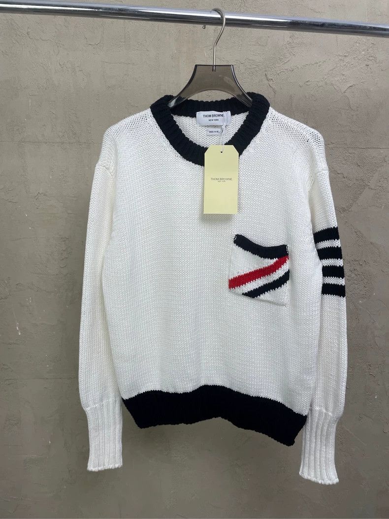 Thom browne White pocket striped twill round-neck knitted s