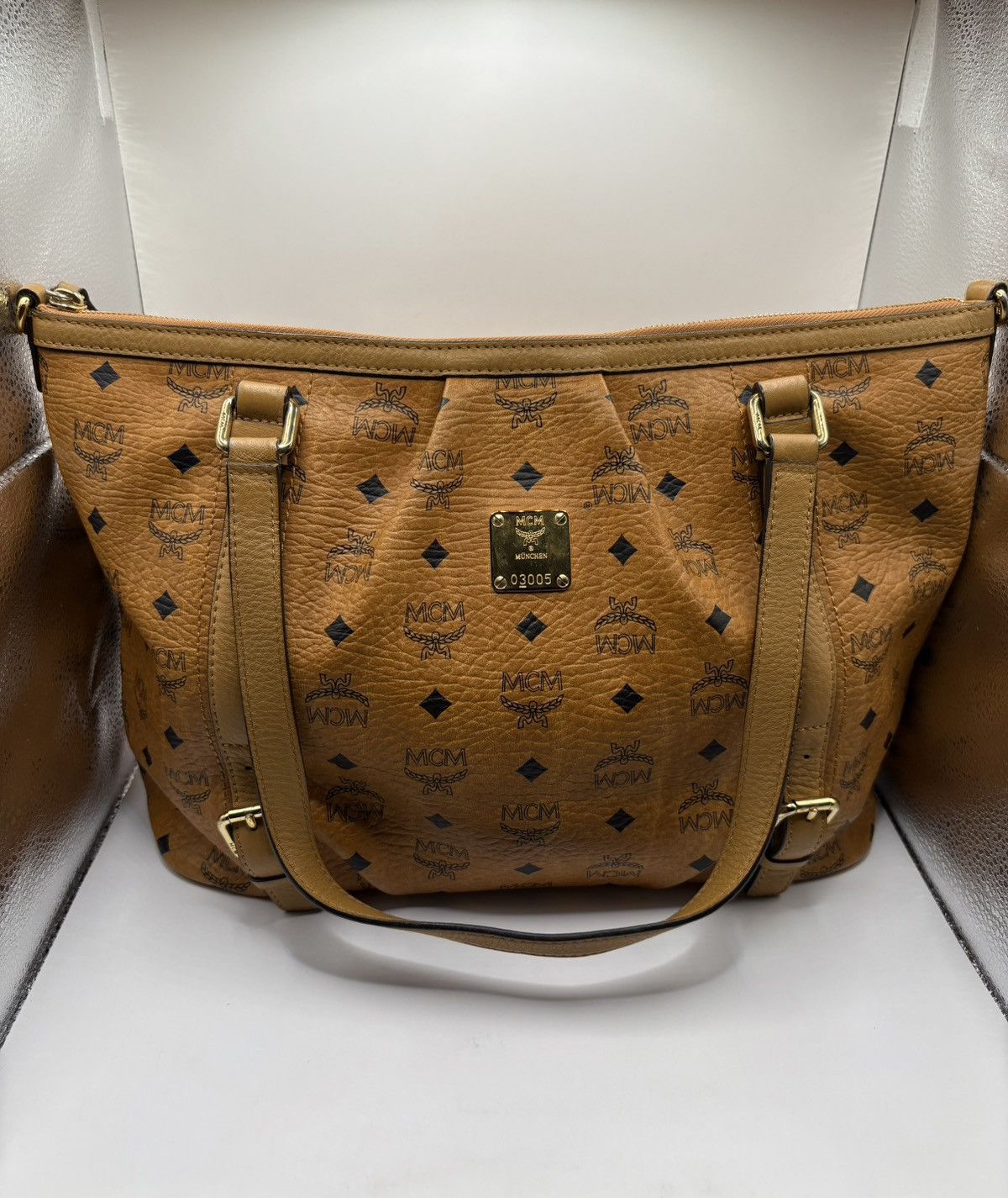 Authentic MCM Cognac Visetos Shoulder Bag in Beige, Women's