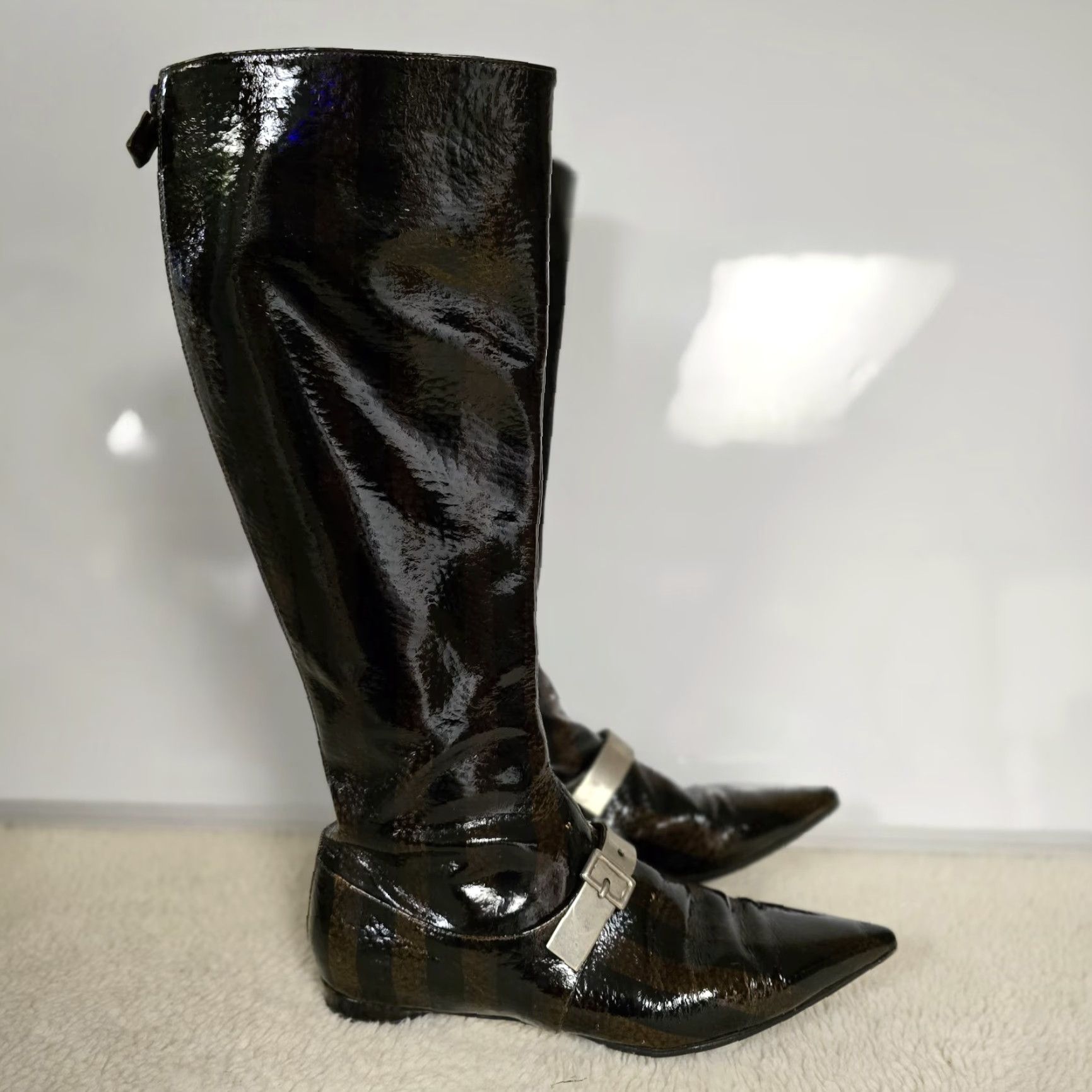 Emporio Armani VINTAGE Emporio Armani Striped Patent Leather Knee High Boots Silver Strap Black 37.5 US 8 Womens Italy Leather Size US 8 / IT 38 - 2 Thumbnail