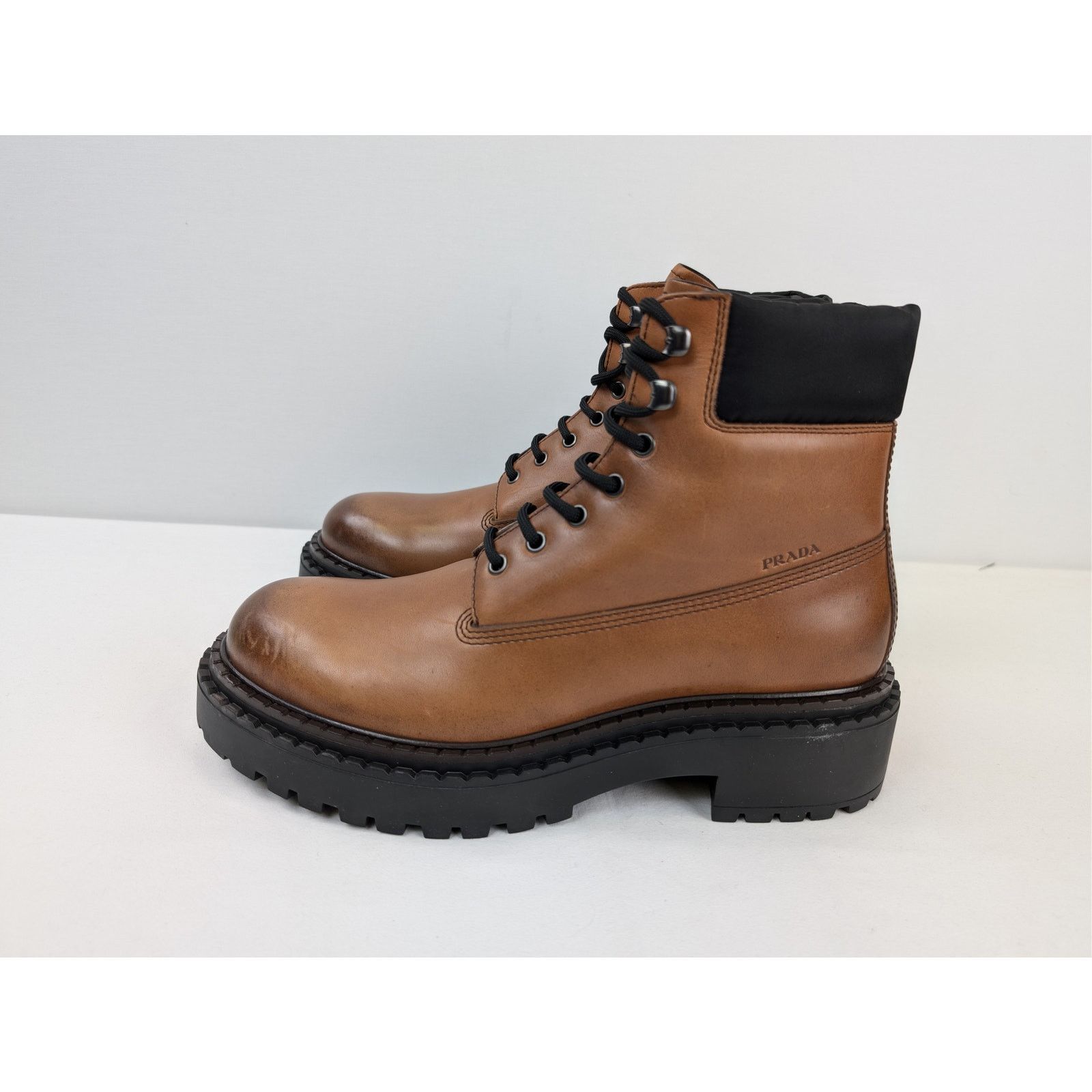Prada o1rshd1 Leather and recycled nylon ankle boots Cognac Size US 9.5 / EU 42-43 - 10 Thumbnail