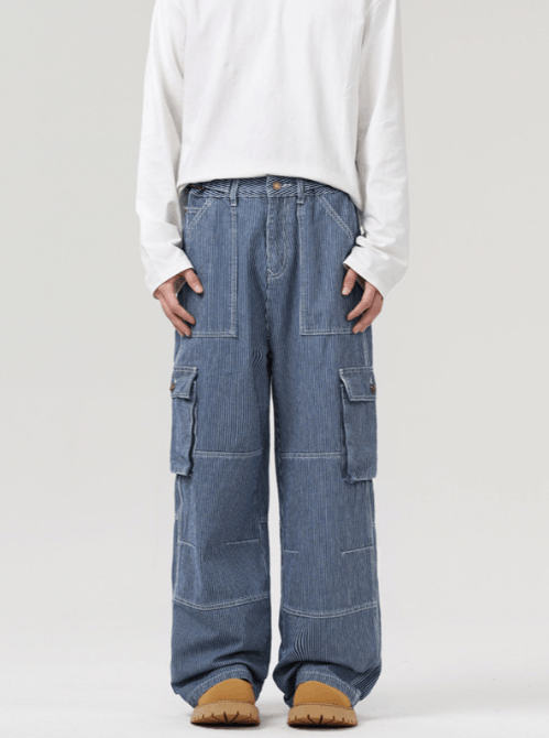 Japanese Brand × Jean American retro striped distressed cargo jeans Size US 32 / EU 48 - 1 Thumbnail