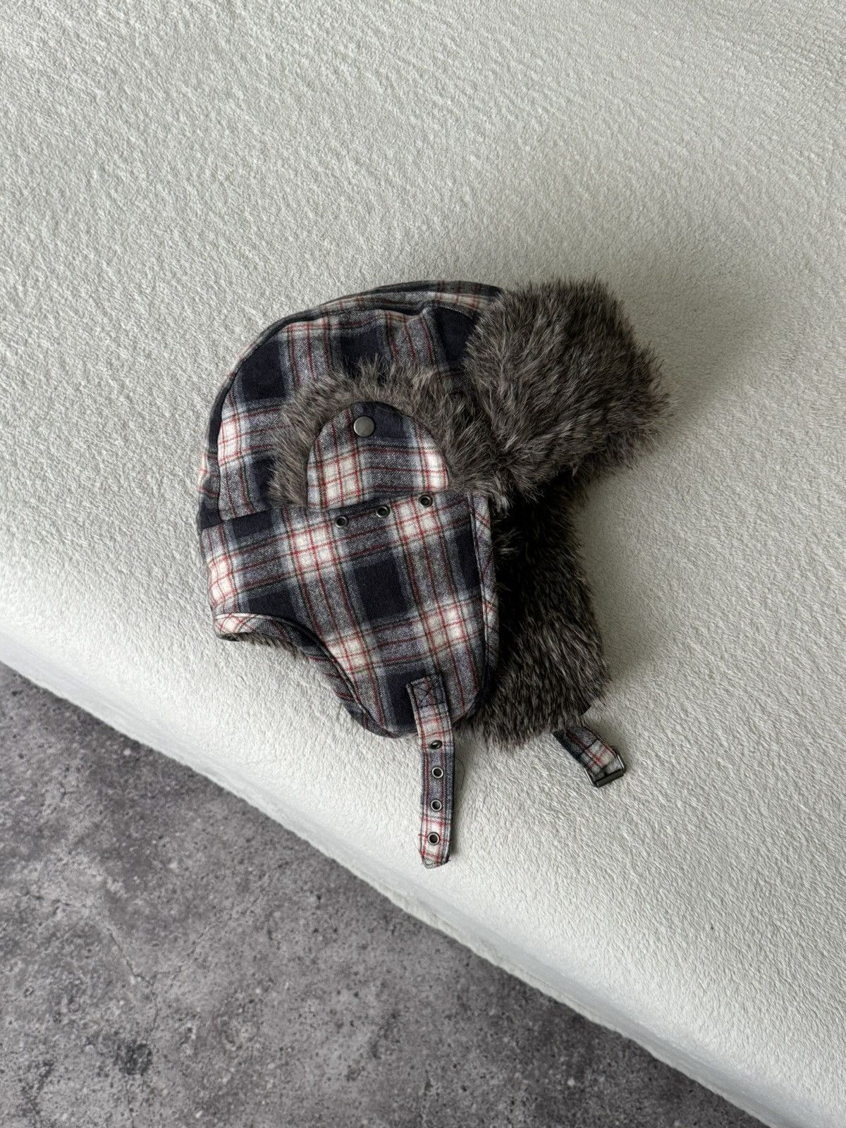 Japanese Brand × Vintage Vintage red checkered Y2K fuzzy fur ushanka hat Japanese Size ONE SIZE - 1 Thumbnail