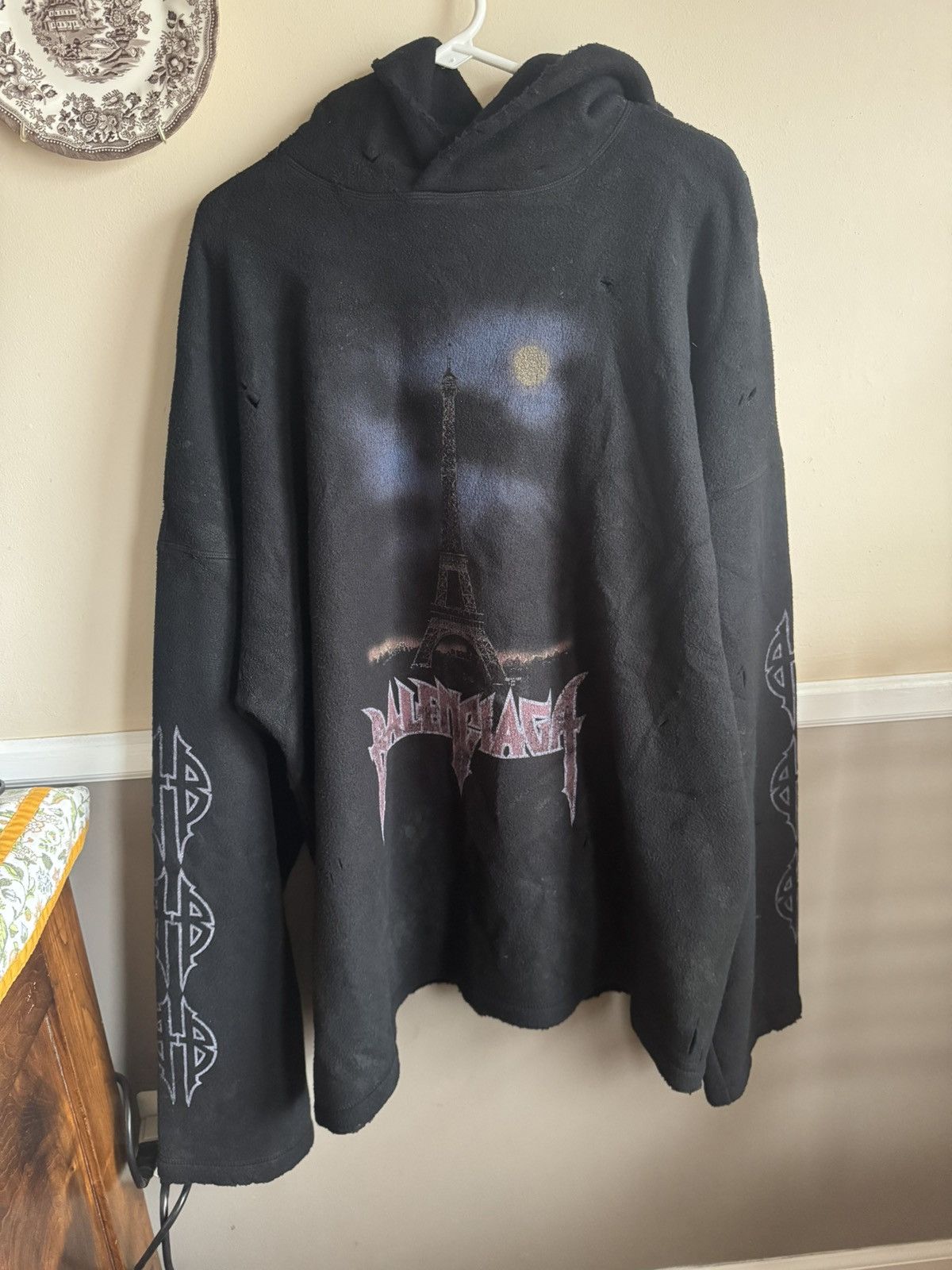 Balenciaga Paris Half Moon Wool Distressed Hoodie