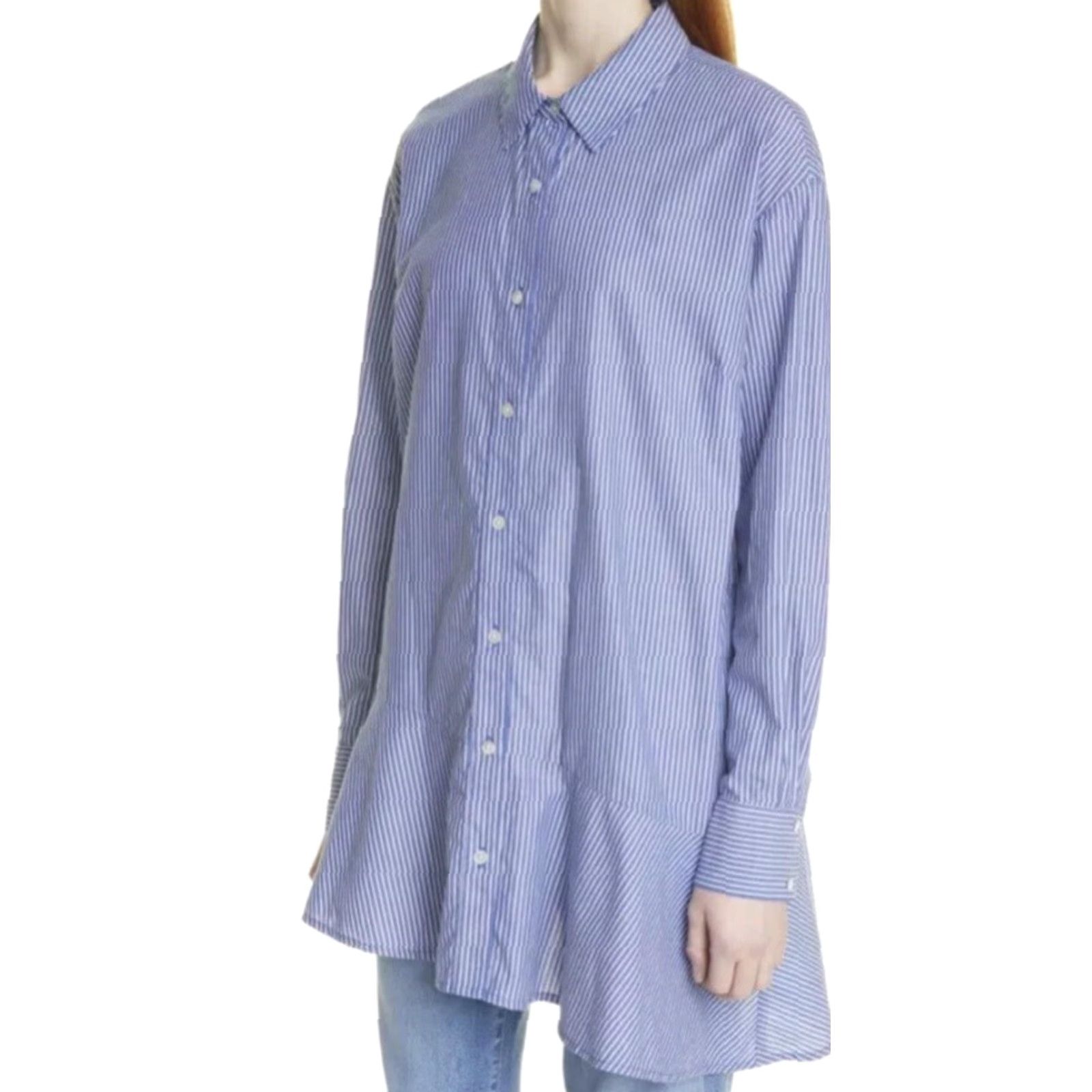Veronica Beard Veronica Beard Tunic Shirt Striped Blue White 100% Cotton Size 0 Womens Regular Long Sleeve Front Button Gilda Bias Hem Shaped Colorful Size XS / US 0-2 / IT 36-38 - 2 Thumbnail