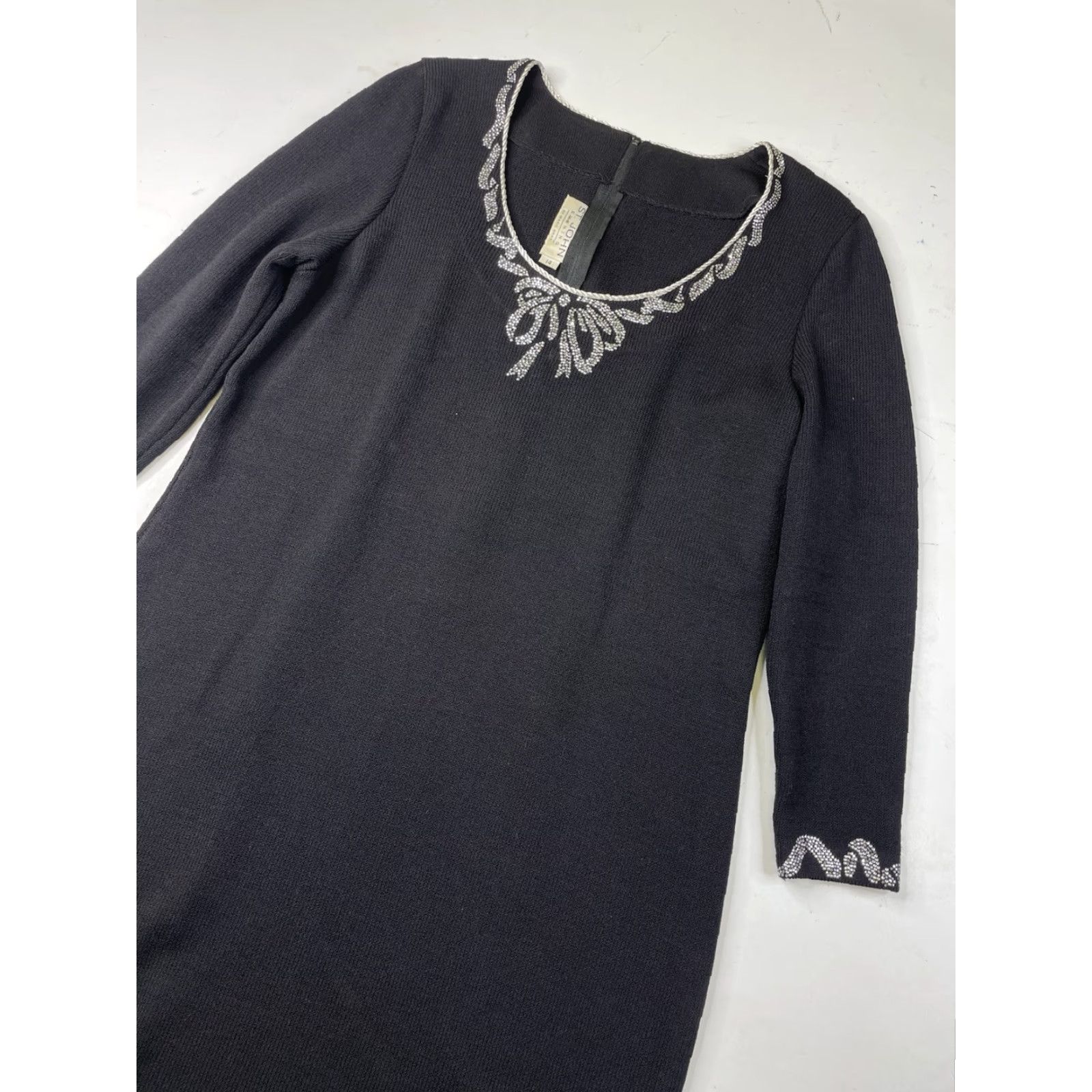 St. John St John Dress Womens 14 Black Knit Long Sleeve Crewneck Knee-Length Wool Studded Sheath 80s 90s Party Cocktail Vintage? Size XL / US 12-14 / IT 48-50 - 2 Thumbnail