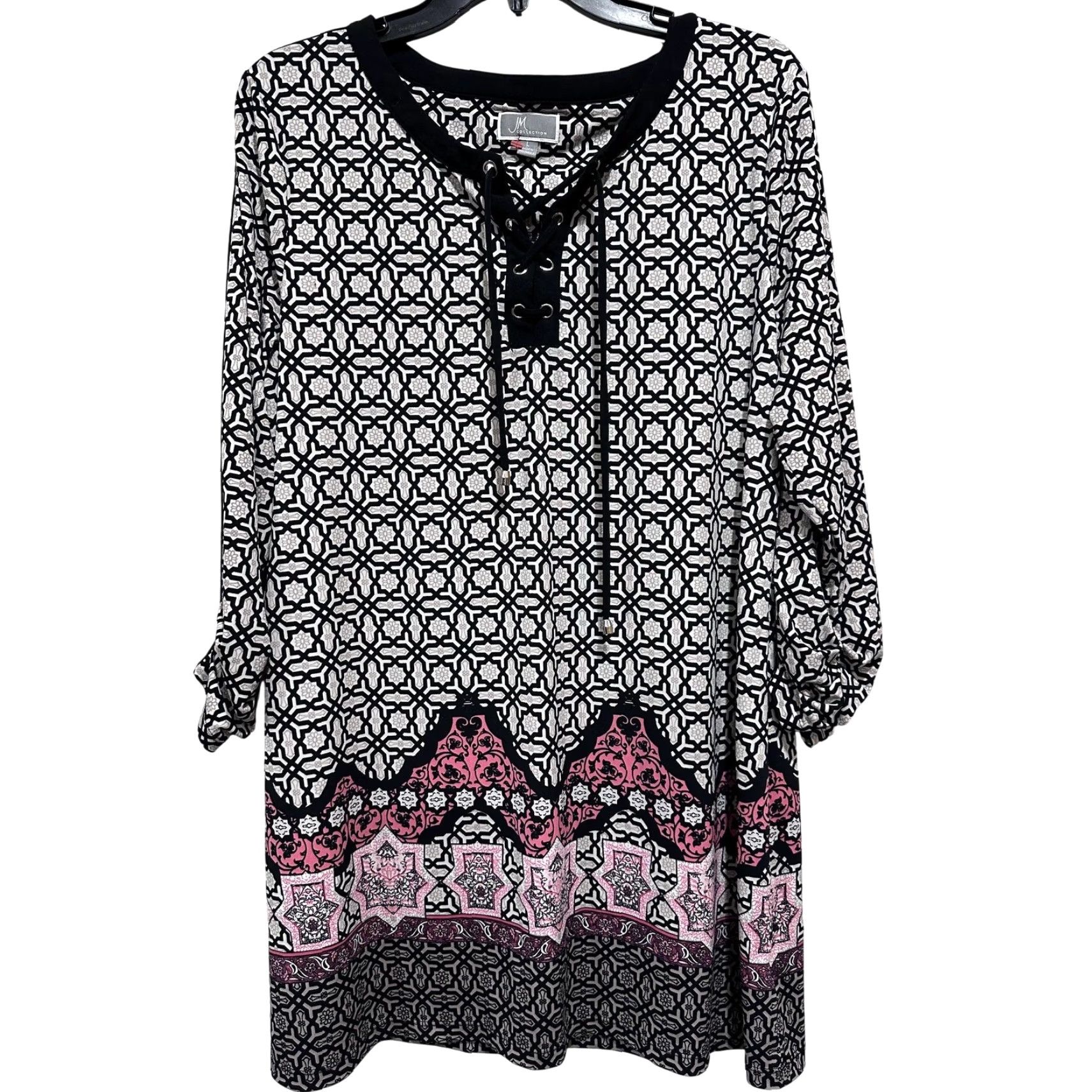 JM Collection JM Collection Tunic Dress Women L Black White Pink Geometric 3/4 Sleeve Boho V-Neck Print Shirt/Dress Size L / US 10 / IT 46 - 2 Thumbnail