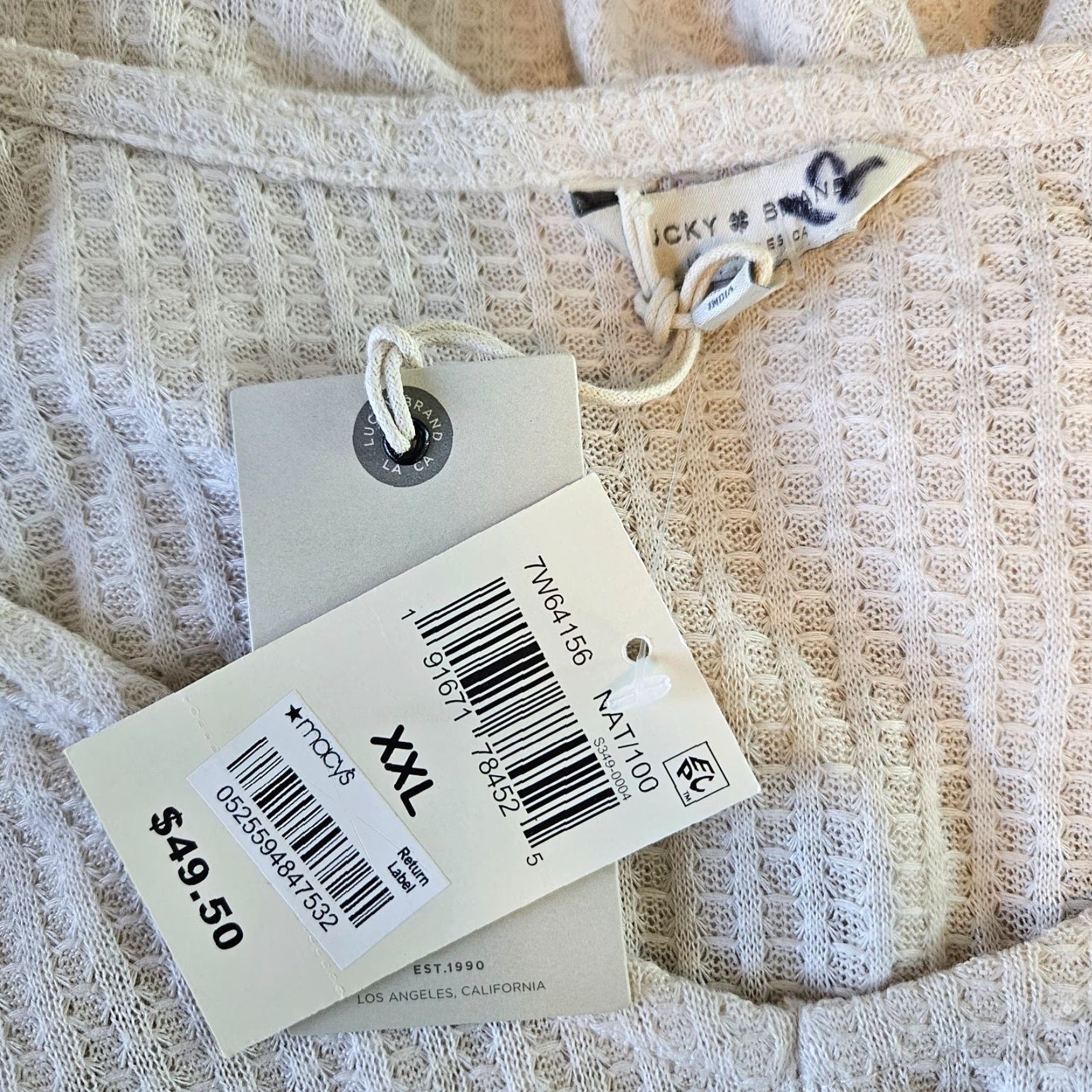 Lucky Brand Lucky Brand Womens Top Waffle Knit Cream 2XL Embroidered V-Neck Pullover Long Sleeve Shirt Size XXL / US 16-18 / IT 52-54 - 6 Thumbnail