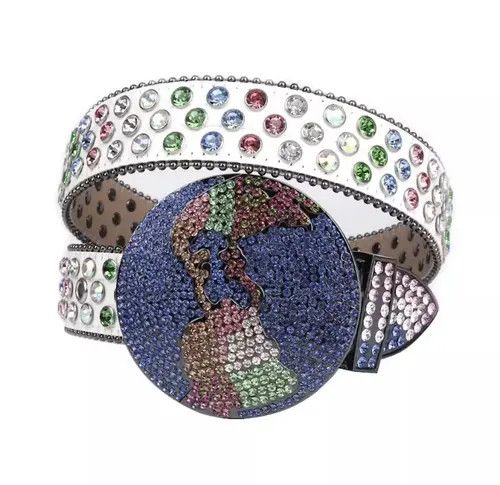 image of Designer Rhinestone Studded Belt in White, Men's