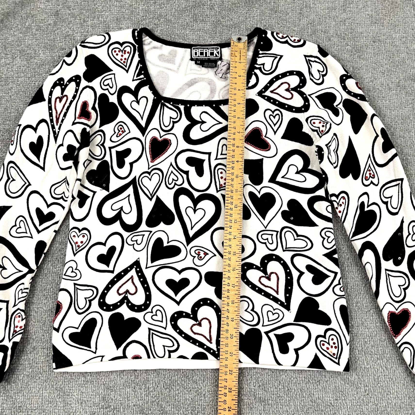 Vintage BEREK Sweater Womens Medium White Black Hearts Love Beaded Sequin Square Neck Size M / US 6-8 / IT 42-44 - 3 Thumbnail