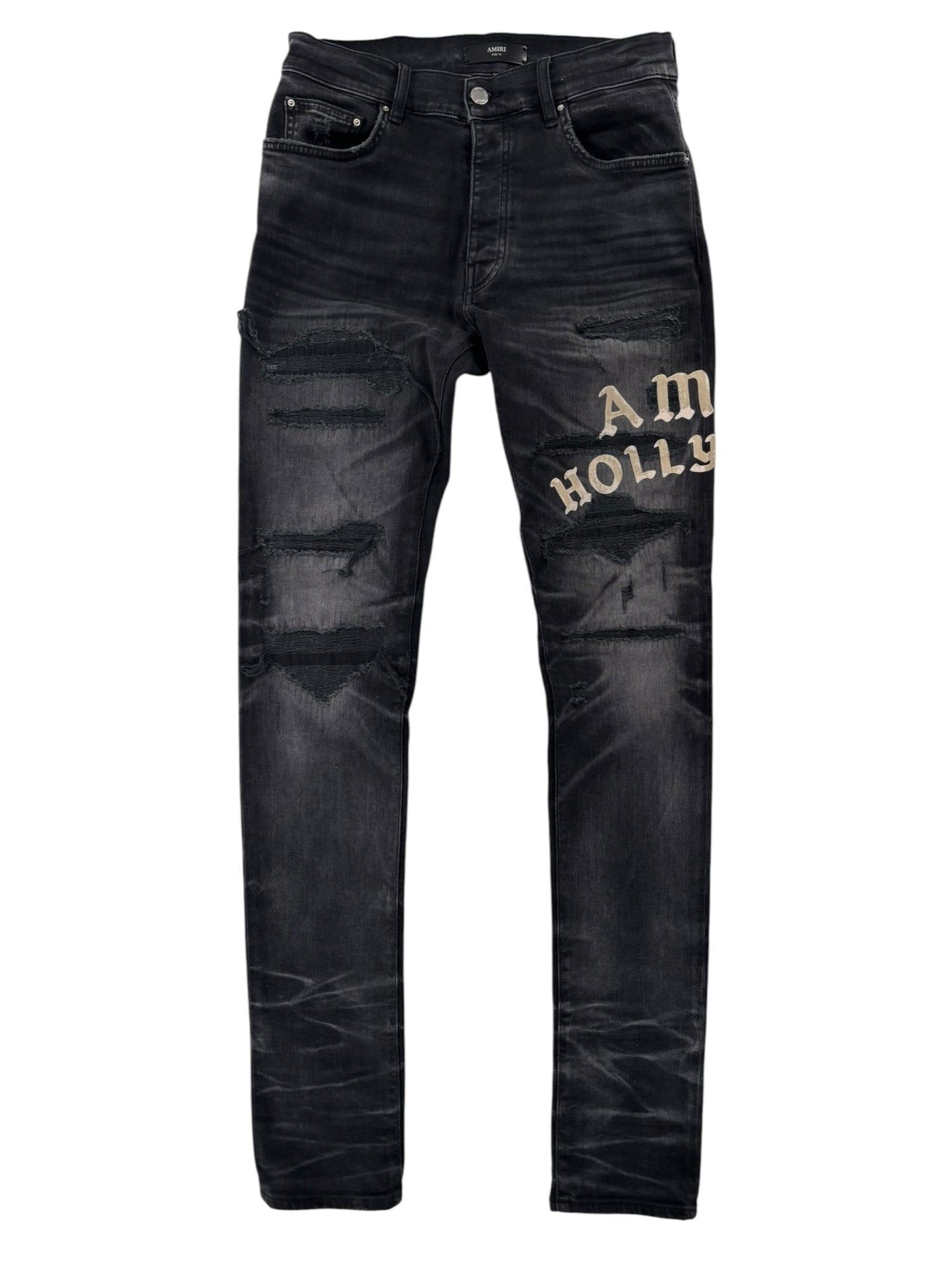 Amiri Hollywood Logo Patch Distressed Denim Black Size US 31 - 1 Thumbnail
