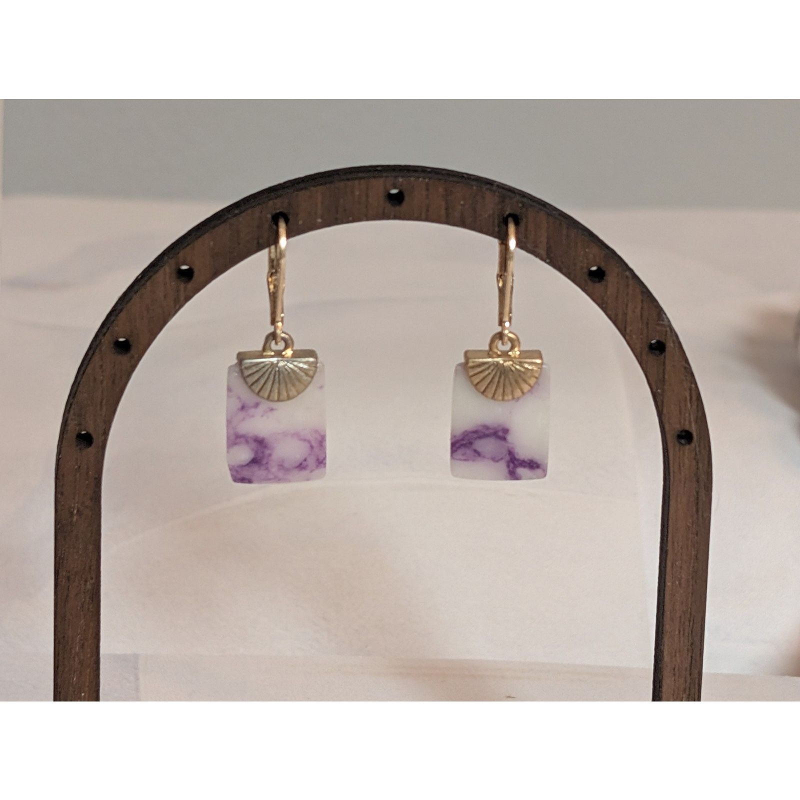 Vintage VTG 1980s Gold-Tone Faux Marble Puple Dangle Drop Earrings Size ONE SIZE - 3 Thumbnail